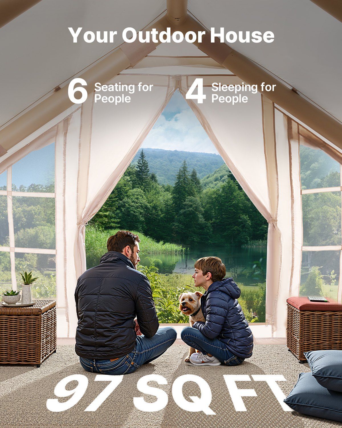 Inflatable Tents for Camping, 4-6 Person Easy Setup Blow up Tent with Hand Pump, 300D Oxford 4 Season Glamping Tent with Stove Jack 2 Doors & 4 Mesh Windows, Storage Bag Included for Easy Taking - Image 3
