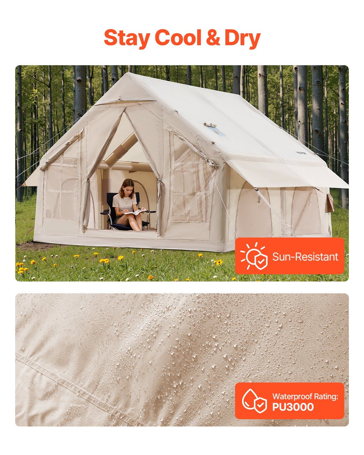 Inflatable Tents for Camping, 4-6 Person Easy Setup Blow up Tent with Hand Pump, 300D Oxford 4 Season Glamping Tent with Stove Jack 2 Doors & 4 Mesh Windows, Storage Bag Included for Easy Taking - Image 4