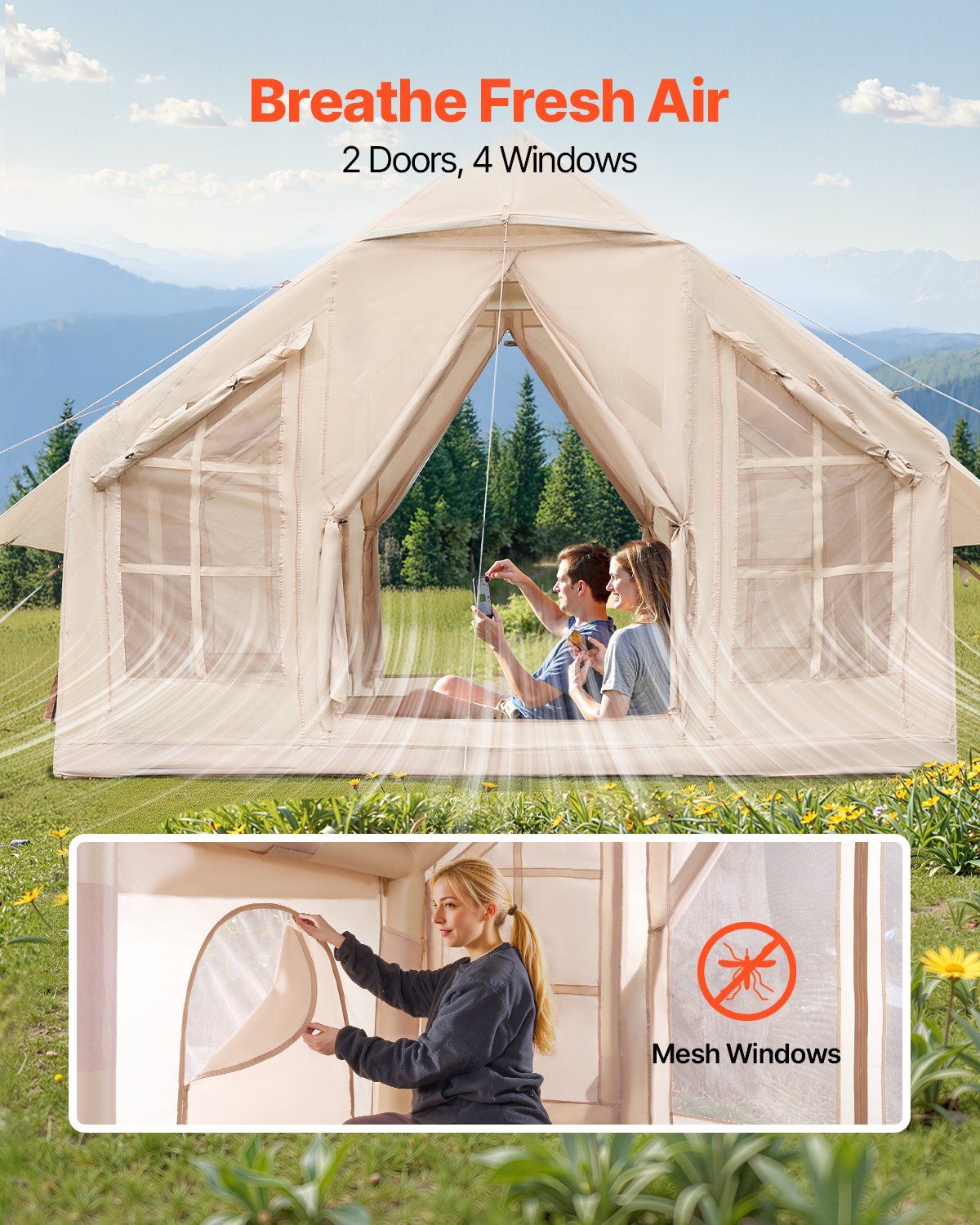 Inflatable Tents for Camping, 4-6 Person Easy Setup Blow up Tent with Hand Pump, 300D Oxford 4 Season Glamping Tent with Stove Jack 2 Doors & 4 Mesh Windows, Storage Bag Included for Easy Taking - Image 5