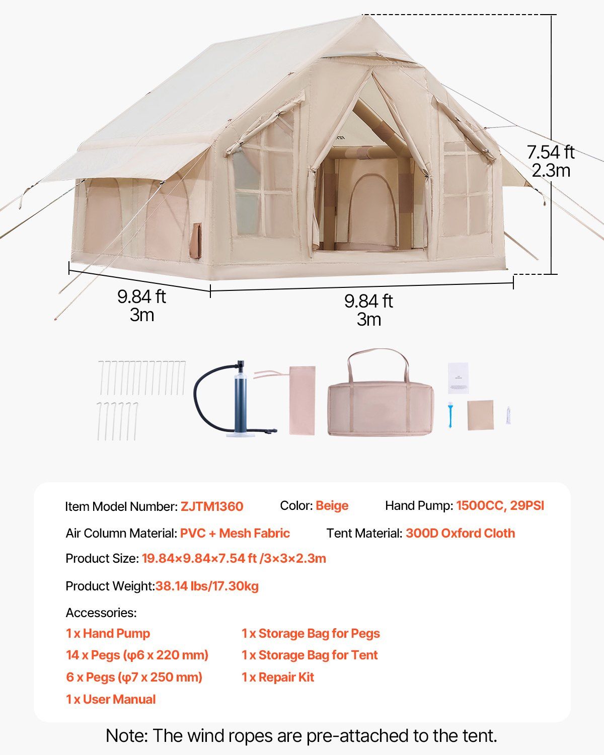 Inflatable Tents for Camping, 4-6 Person Easy Setup Blow up Tent with Hand Pump, 300D Oxford 4 Season Glamping Tent with Stove Jack 2 Doors & 4 Mesh Windows, Storage Bag Included for Easy Taking - Image 7
