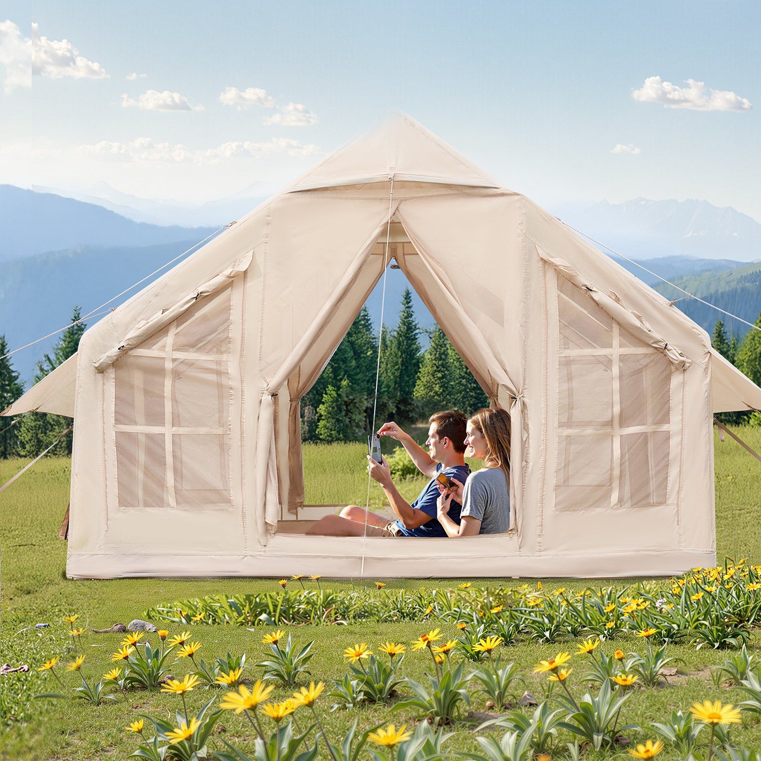 Inflatable Tents for Camping, 4-6 Person Easy Setup Blow up Tent with Hand Pump, 300D Oxford 4 Season Glamping Tent with Stove Jack 2 Doors & 4 Mesh Windows, Storage Bag Included for Easy Taking - Image 8