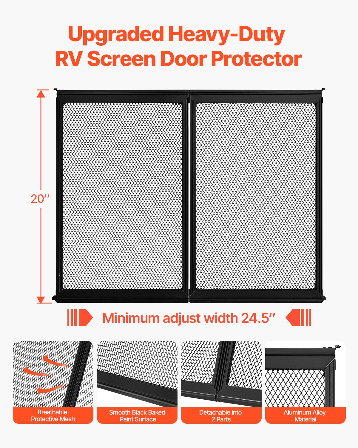 RV Screen Door Protector, 622.3 x 508 mm Door Grille, Easy to Install and Disassemble, Reinforced Breathable Protective Mesh, Aluminum Alloy Camper RV Entry Protector for Pet Protection, Black - Image 2