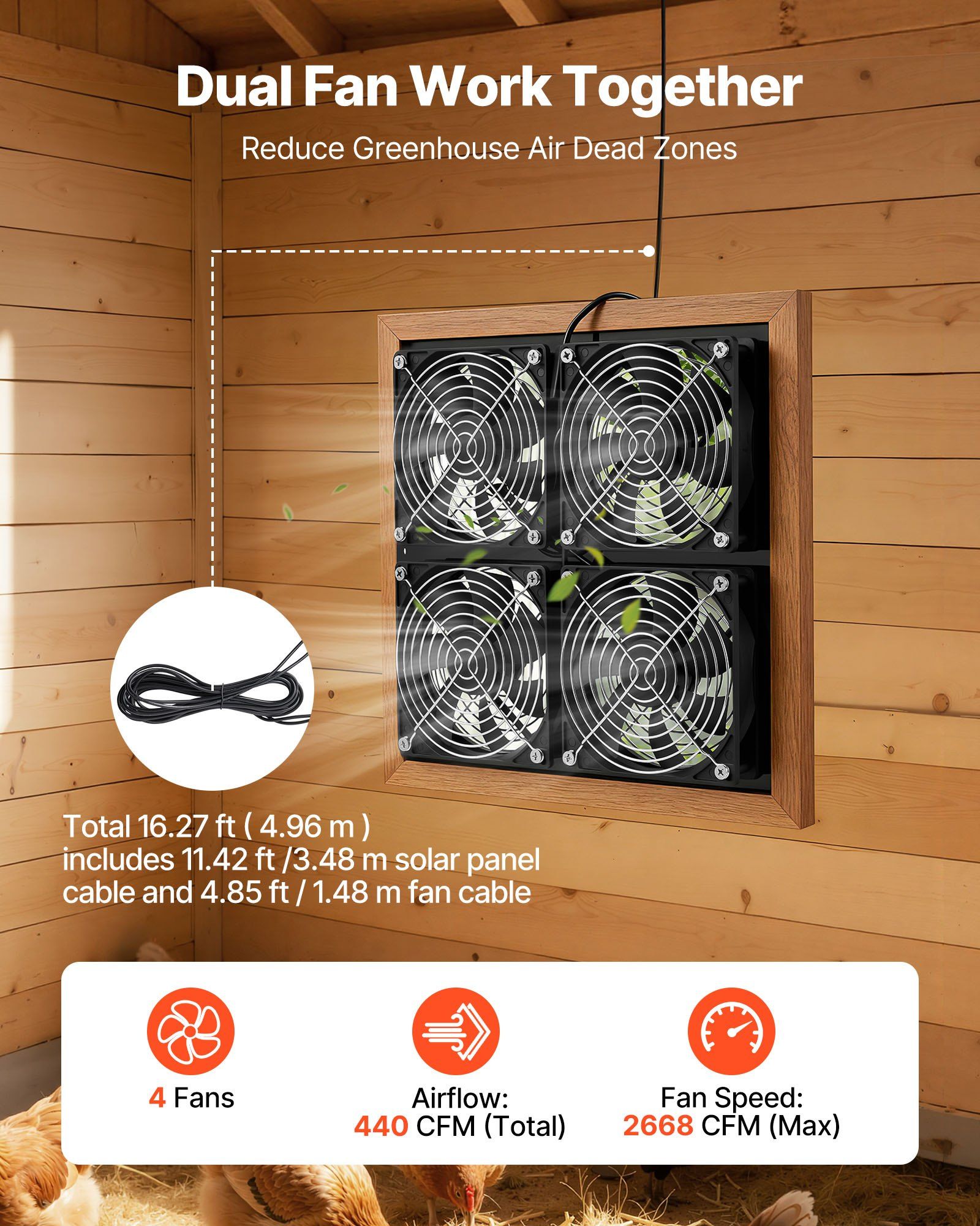 Solar Powered Fan, 25W Solar Panel with 4 Fans, Adjustable Solar Panel Angle, 2668 RPM High-Speed, Flexible Installation, Fast Air Exchange for Greenhouse, Grow Tents, Chicken Coops, Shelters - Image 3