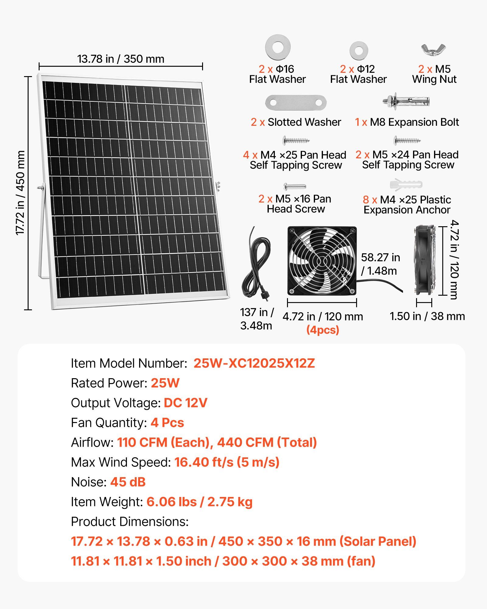 Solar Powered Fan, 25W Solar Panel with 4 Fans, Adjustable Solar Panel Angle, 2668 RPM High-Speed, Flexible Installation, Fast Air Exchange for Greenhouse, Grow Tents, Chicken Coops, Shelters - Image 7