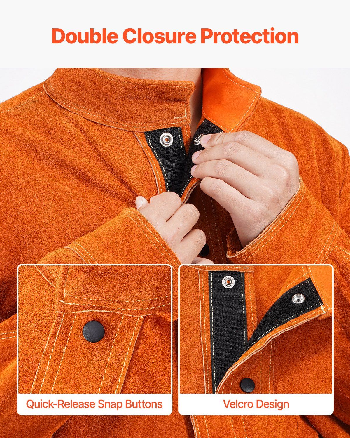 Flame-Resistant Welding Jacket - M Size, Heavy Duty Cowhide Leather Welding Jacket, Waterproof Heat-Resistant Safety Jacket with Snap Buttons, 4 Pockets & Adjustable Cuffs for Welders Steelworks - Image 4