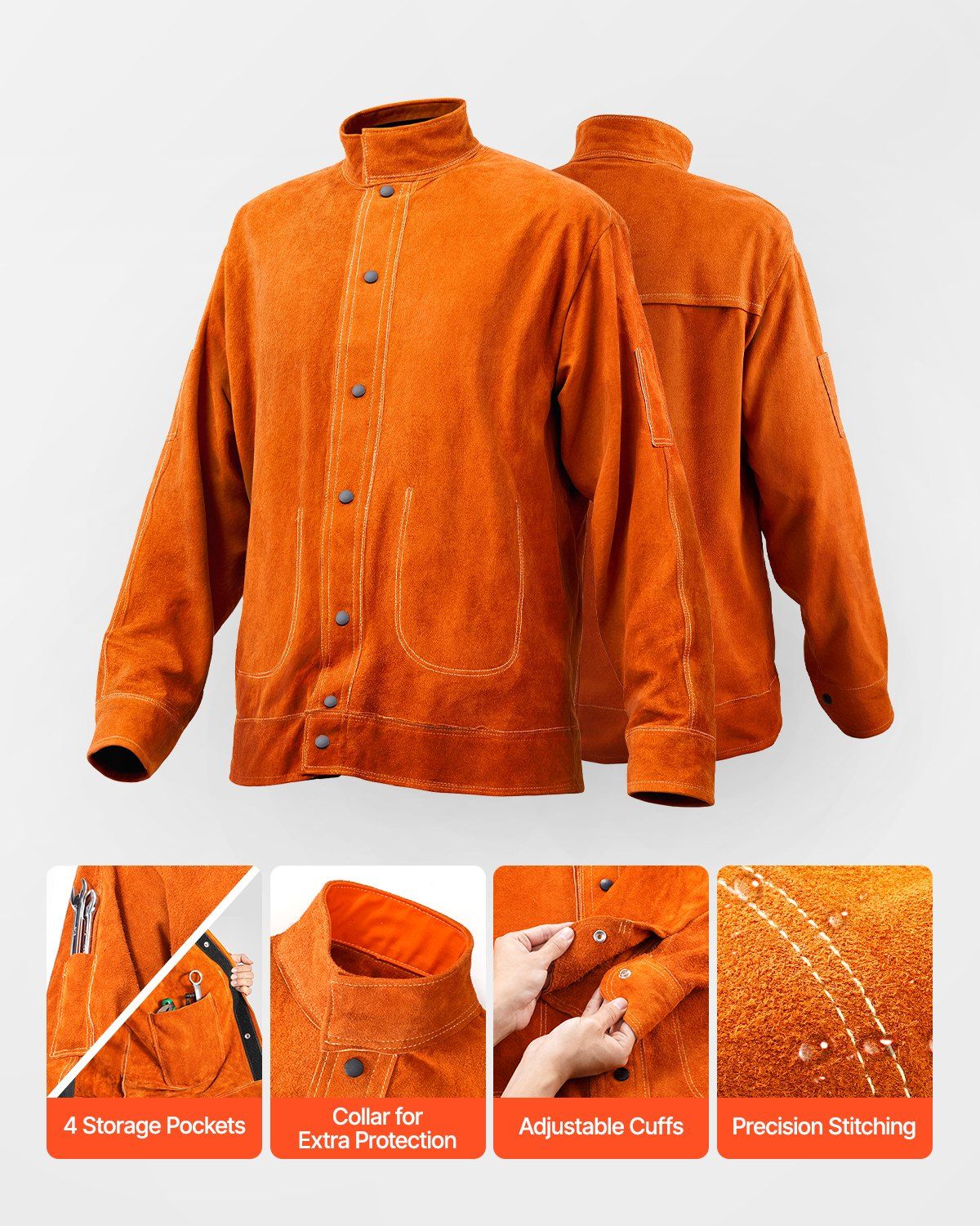 Flame-Resistant Welding Jacket - M Size, Heavy Duty Cowhide Leather Welding Jacket, Waterproof Heat-Resistant Safety Jacket with Snap Buttons, 4 Pockets & Adjustable Cuffs for Welders Steelworks - Image 5