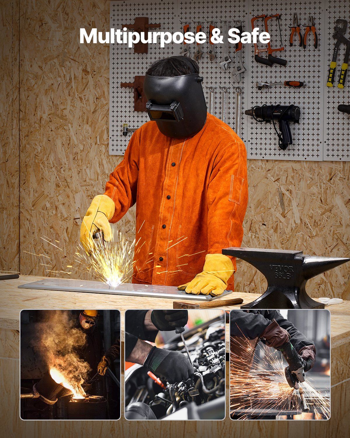 Flame-Resistant Welding Jacket - M Size, Heavy Duty Cowhide Leather Welding Jacket, Waterproof Heat-Resistant Safety Jacket with Snap Buttons, 4 Pockets & Adjustable Cuffs for Welders Steelworks - Image 6