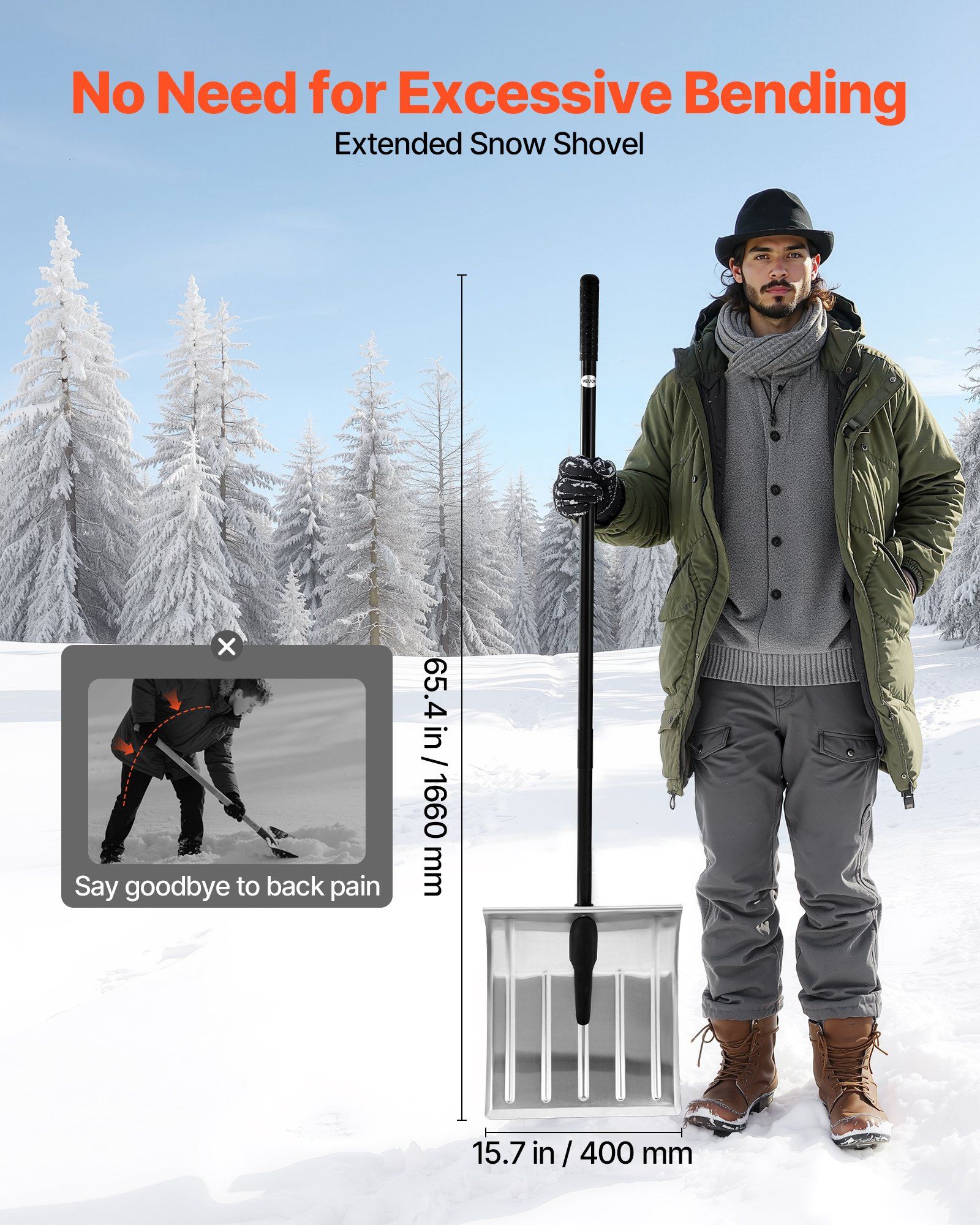 Snow Shovel for Driveway, 40cm Wide Aluminum Alloy Snow Shovel, Non Slip Grip, Large Capacity Snowplow Shovels, Detachable & Lightweight Snows Removal Tool for Garden Car Camping Outdoors - Image 3