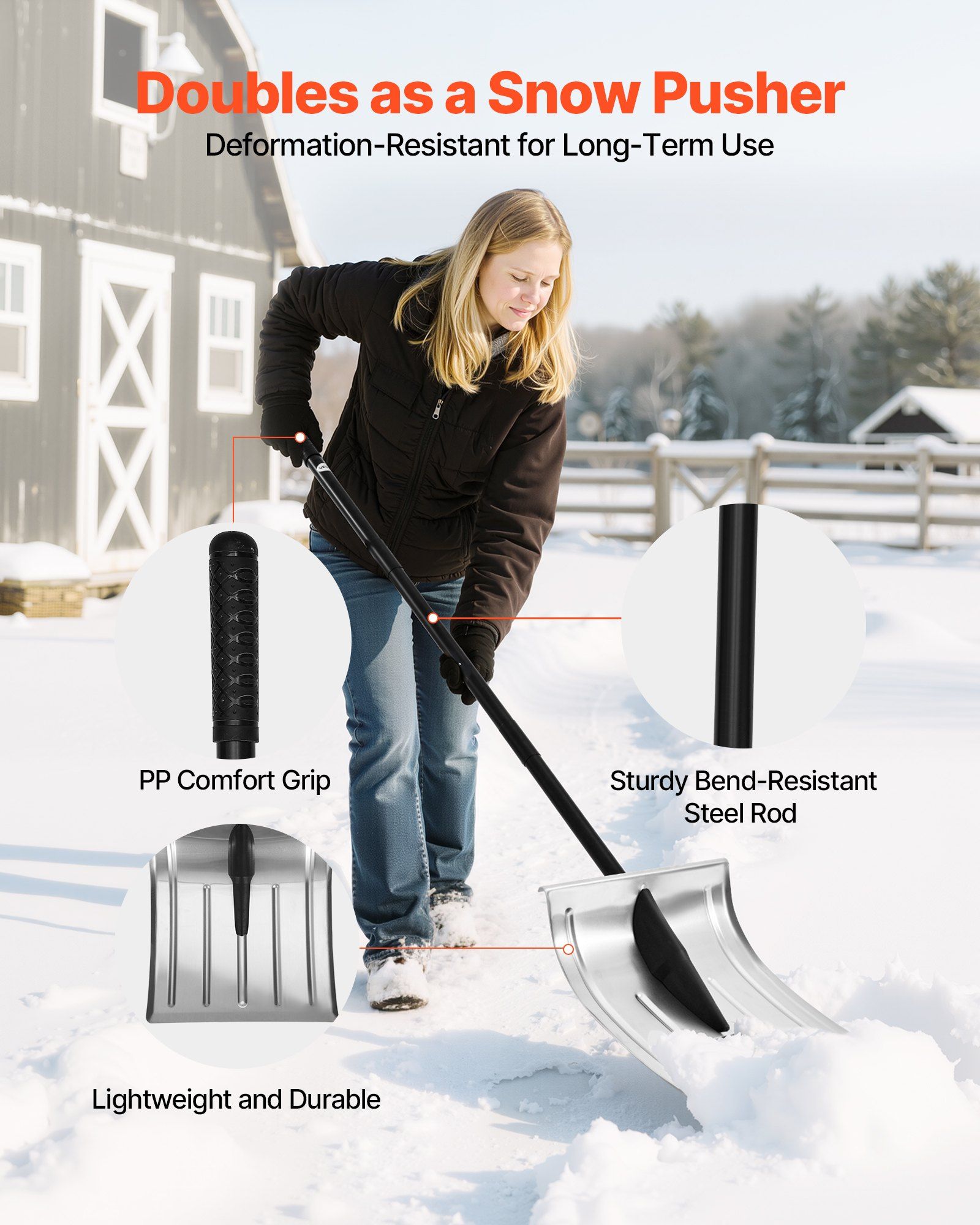 Snow Shovel for Driveway, 40cm Wide Aluminum Alloy Snow Shovel, Non Slip Grip, Large Capacity Snowplow Shovels, Detachable & Lightweight Snows Removal Tool for Garden Car Camping Outdoors - Image 5