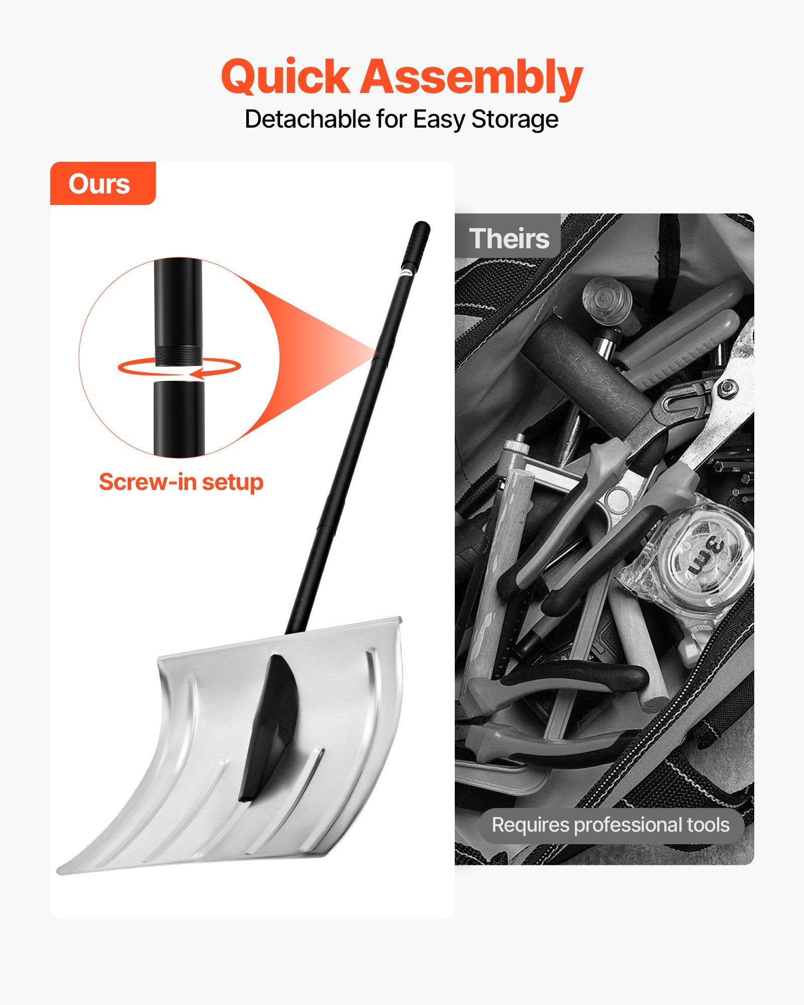 Snow Shovel for Driveway, 40cm Wide Aluminum Alloy Snow Shovel, Non Slip Grip, Large Capacity Snowplow Shovels, Detachable & Lightweight Snows Removal Tool for Garden Car Camping Outdoors - Image 6