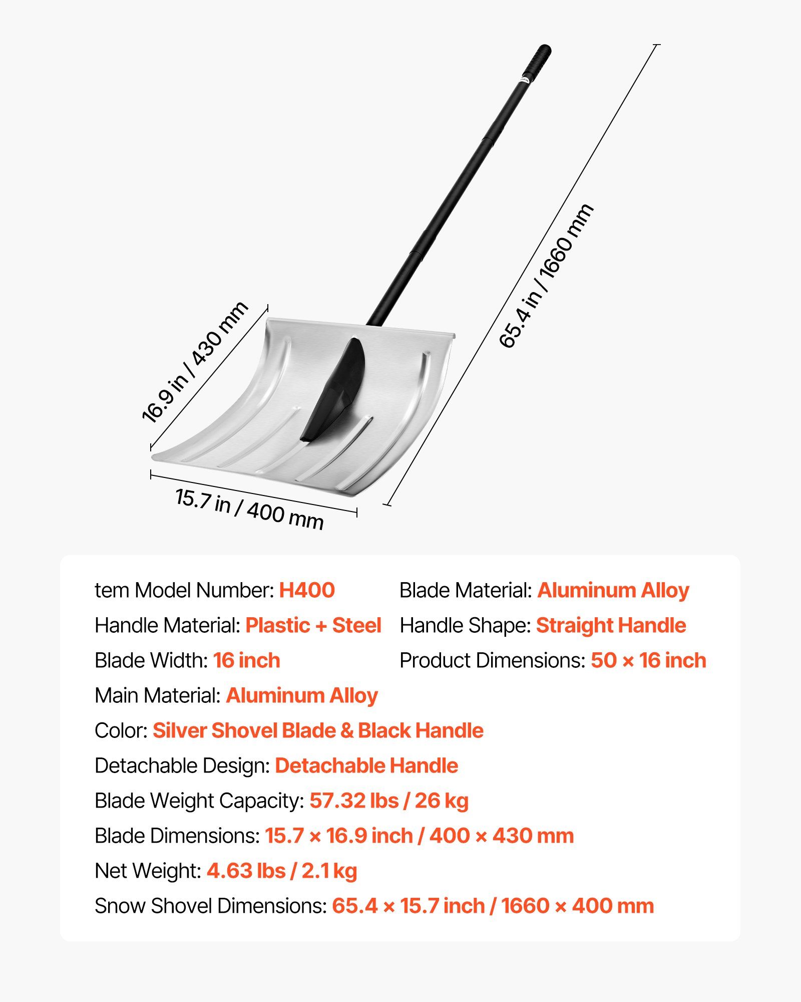 Snow Shovel for Driveway, 40cm Wide Aluminum Alloy Snow Shovel, Non Slip Grip, Large Capacity Snowplow Shovels, Detachable & Lightweight Snows Removal Tool for Garden Car Camping Outdoors - Image 7