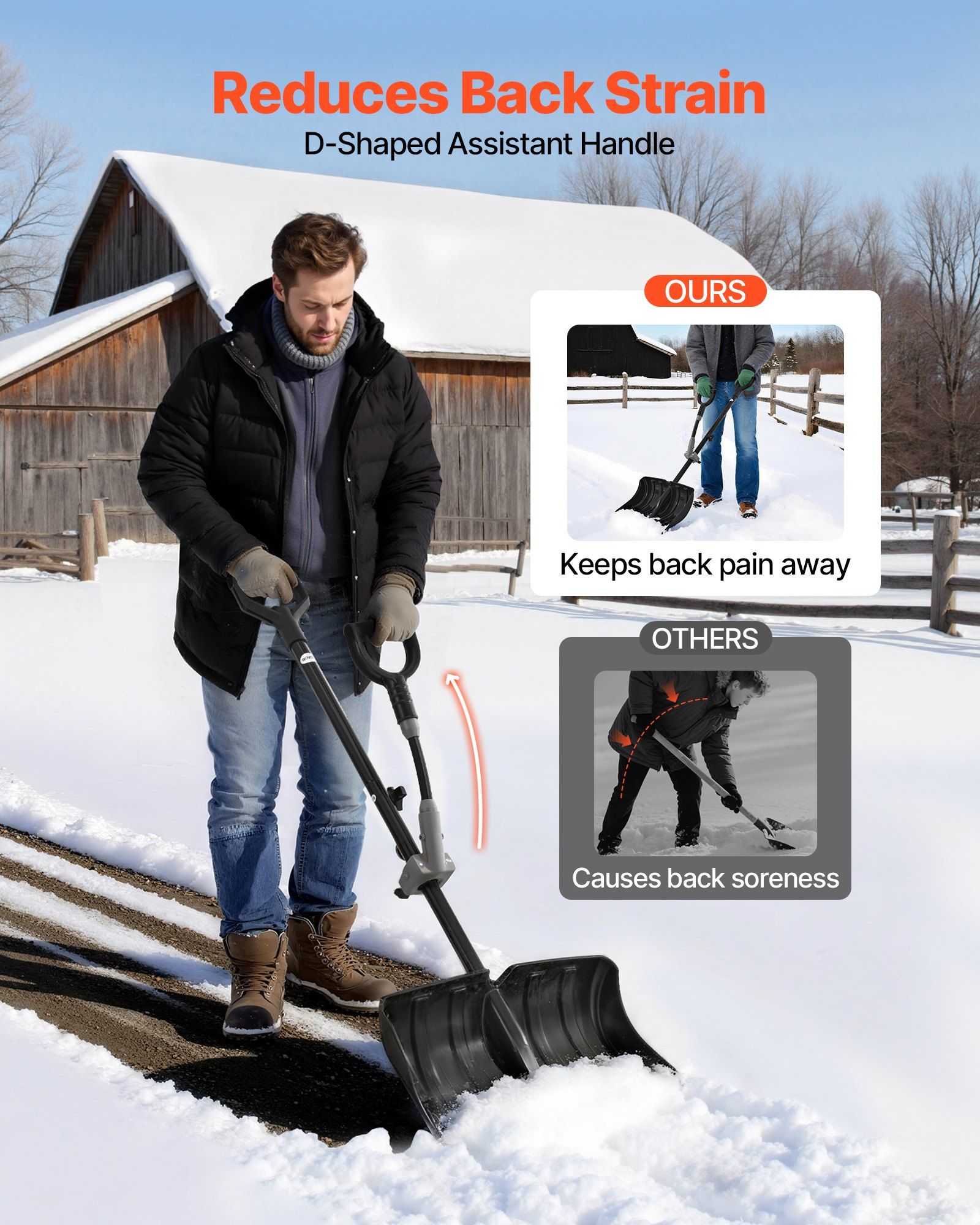 Snow Shovel for Driveway, 45.5cm Wide Snow Shovel with Assist D-shaped Handles, Non Slip Grip, Large Capacity Snowplow Shovels, Lightweight Snows Removal Tool for Garden Car Camping Outdoors - Image 3