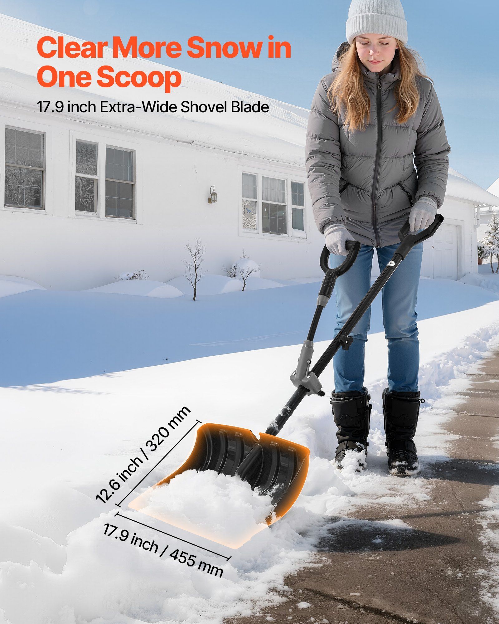 Snow Shovel for Driveway, 45.5cm Wide Snow Shovel with Assist D-shaped Handles, Non Slip Grip, Large Capacity Snowplow Shovels, Lightweight Snows Removal Tool for Garden Car Camping Outdoors - Image 4