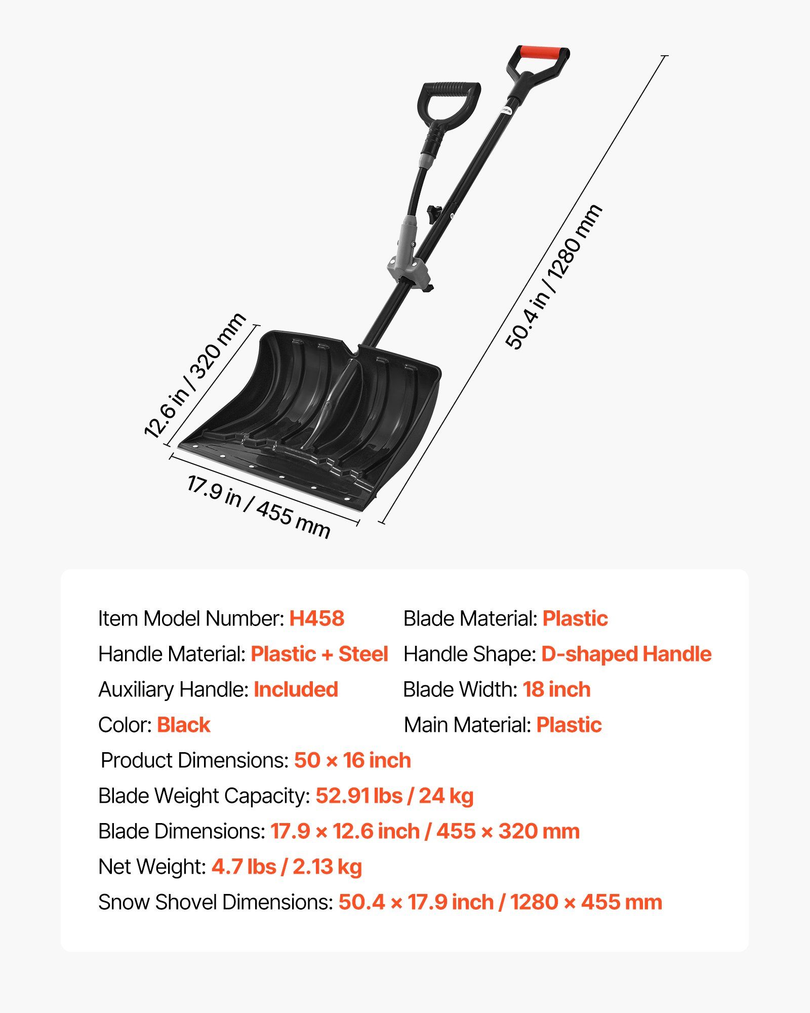 Snow Shovel for Driveway, 45.5cm Wide Snow Shovel with Assist D-shaped Handles, Non Slip Grip, Large Capacity Snowplow Shovels, Lightweight Snows Removal Tool for Garden Car Camping Outdoors - Image 7