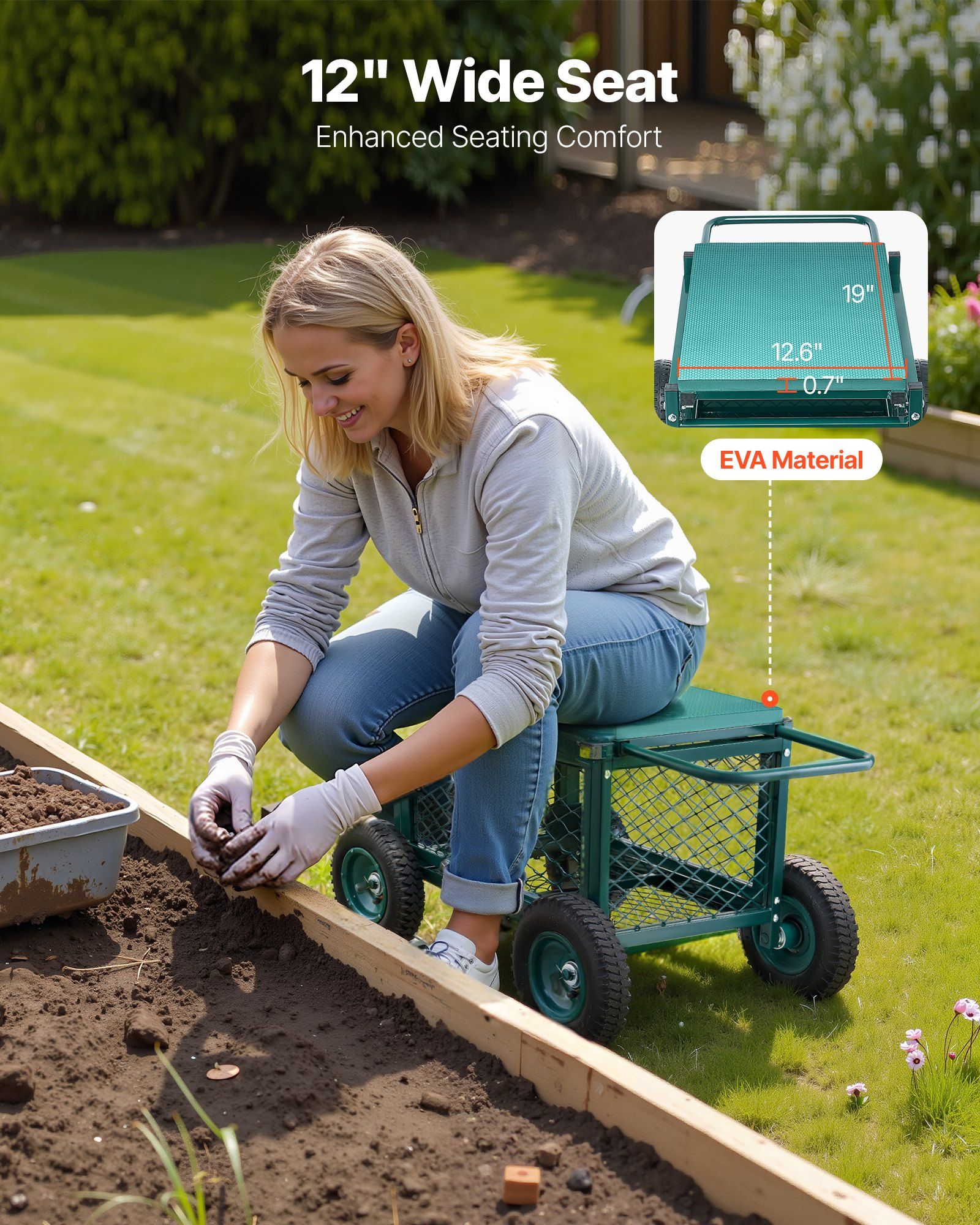Rolling Garden Cart with Seat, Metal Rolling Garden Work Seat with Wheels, Supports up to 181 kg, Heavy Duty Gardening Cart Scooter, Outdoor Wagon & Stool on Wheels for Lawn, Patio, Backyard - Image 4