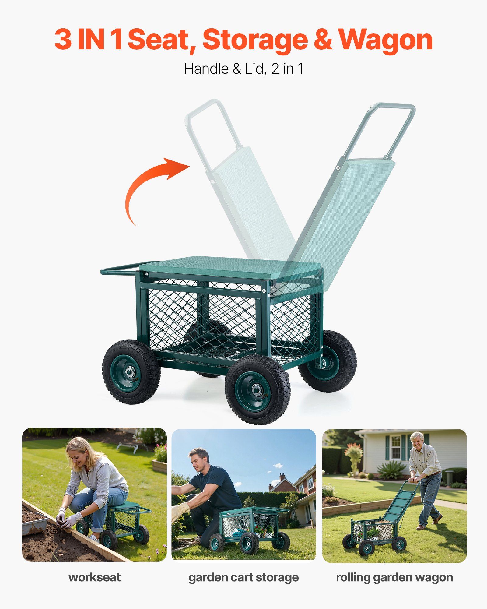 Rolling Garden Cart with Seat, Metal Rolling Garden Work Seat with Wheels, Supports up to 181 kg, Heavy Duty Gardening Cart Scooter, Outdoor Wagon & Stool on Wheels for Lawn, Patio, Backyard - Image 6