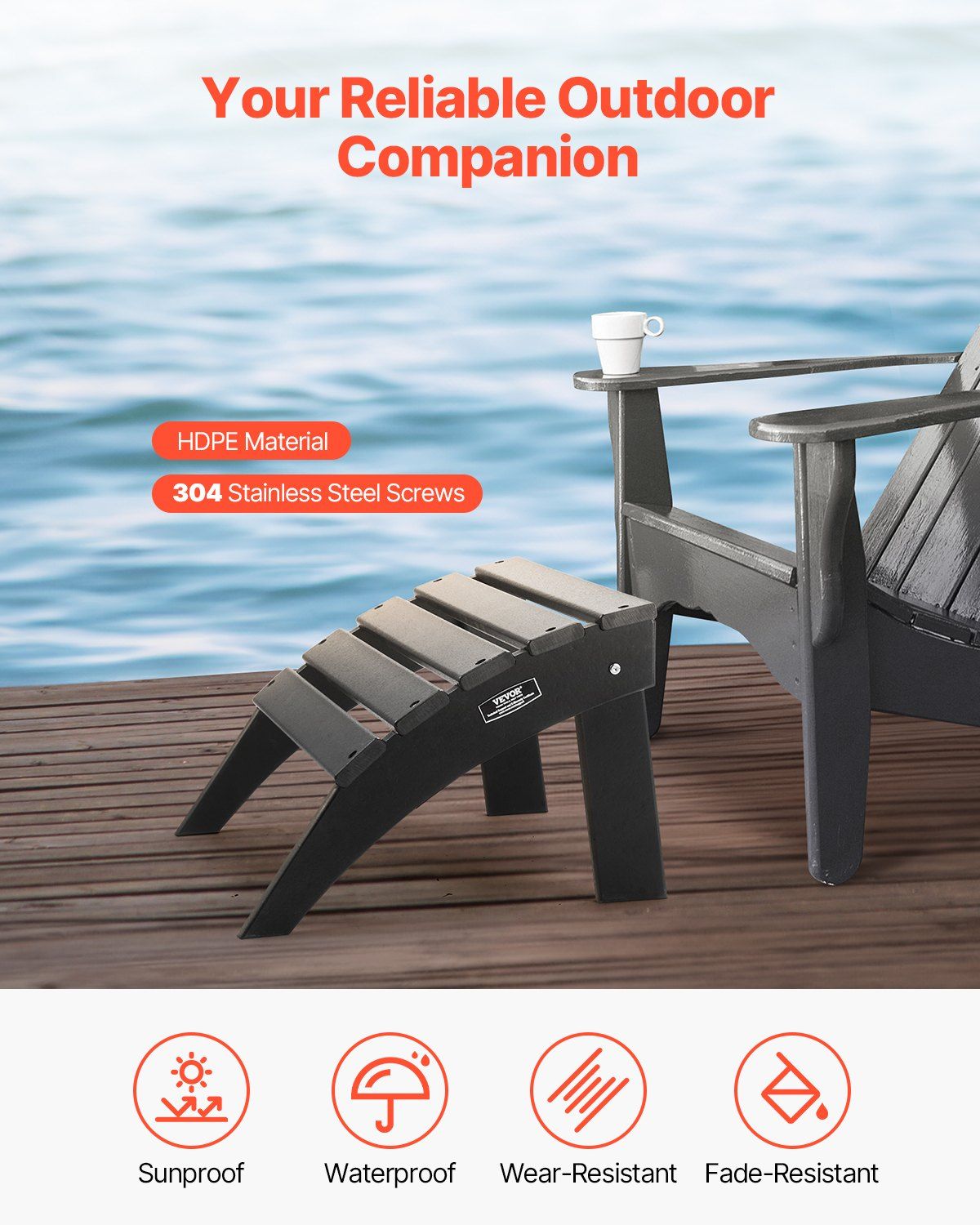 Adirondack Ottoman, 47.5L x 50W x 33H cm HDPE Plastic Folding Adirondack Ottoman, Weather-Resistant Foot Rest for Adirondack Chair, Widely Used for Outside Porch Pool Lawn Backyard, Black - Image 2