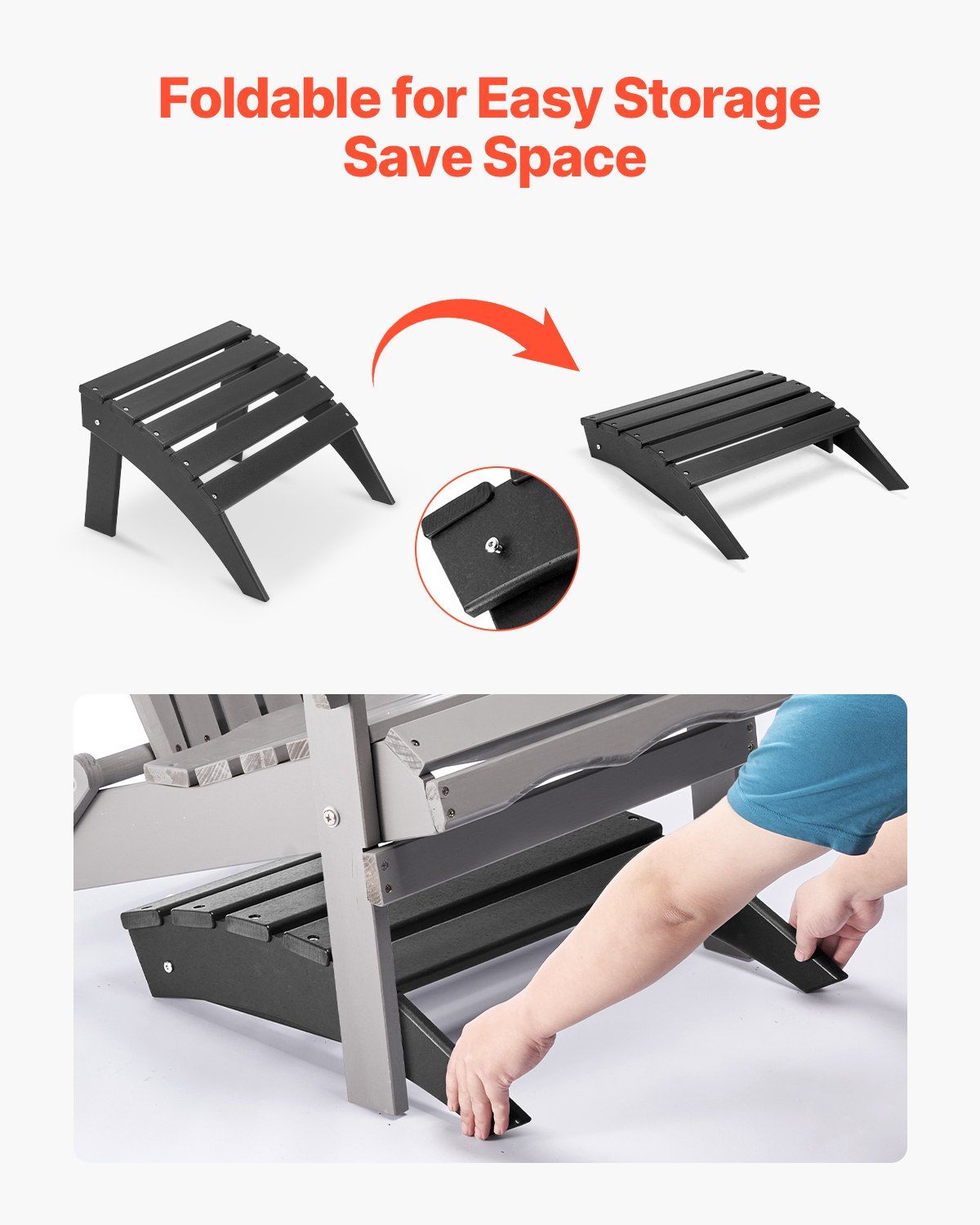 Adirondack Ottoman, 47.5L x 50W x 33H cm HDPE Plastic Folding Adirondack Ottoman, Weather-Resistant Foot Rest for Adirondack Chair, Widely Used for Outside Porch Pool Lawn Backyard, Black - Image 3