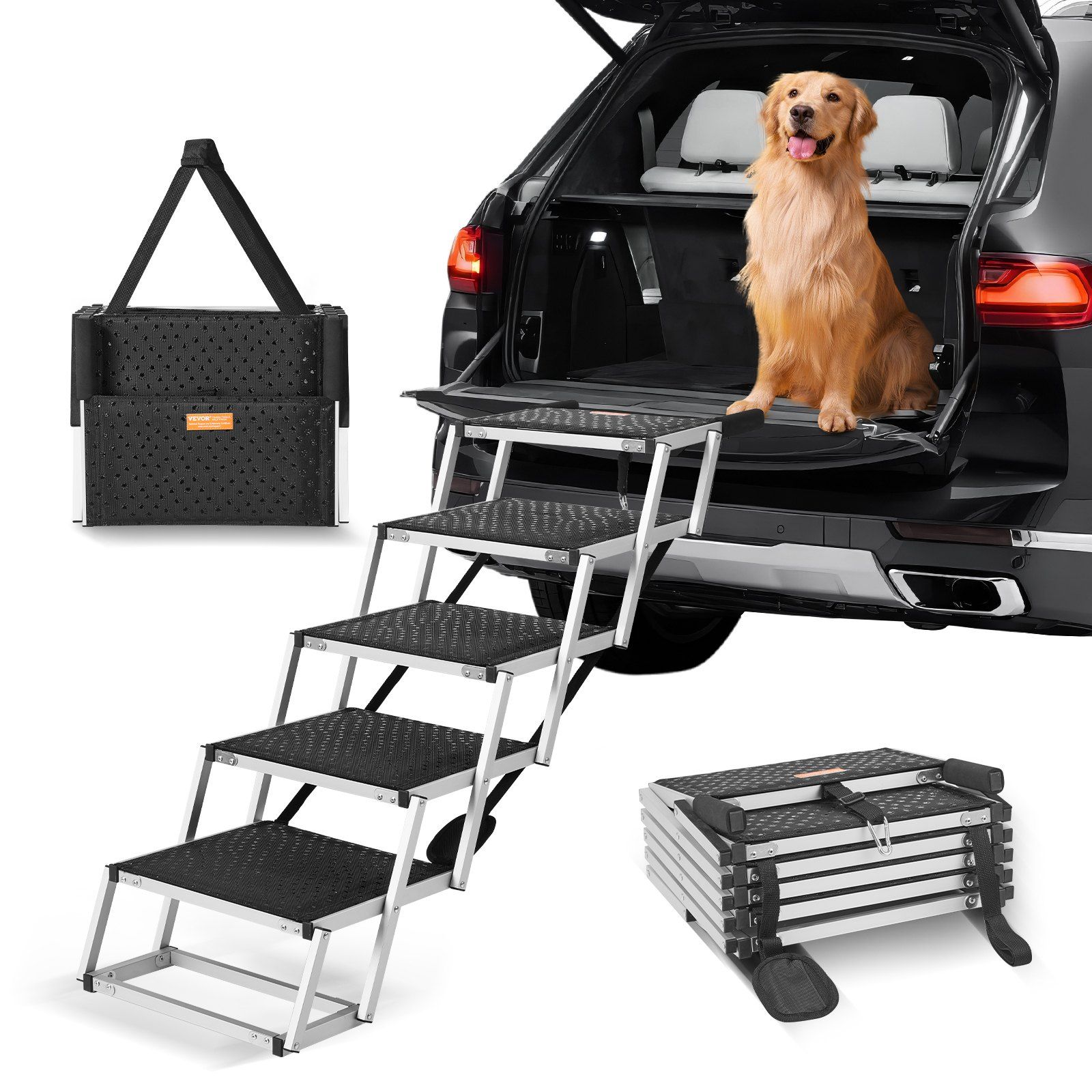 Dog Stair for Cars, Wide 5-step Dog Car Steps, Folding Dog Car Ramp with Nonslip Surface, Portable Pet Steps Lightweight Aluminum for Car, SUV and Truck, Supports up to 150 lbs - Image 1