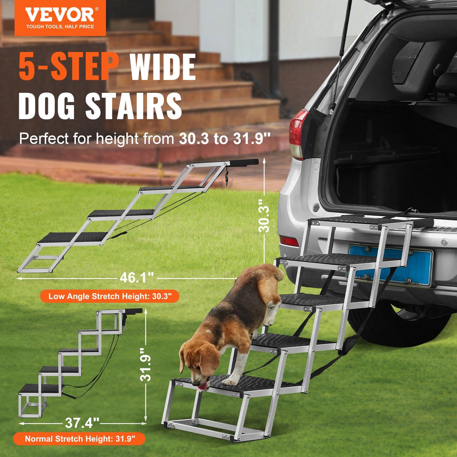 Dog Stair for Cars, Wide 5-step Dog Car Steps, Folding Dog Car Ramp with Nonslip Surface, Portable Pet Steps Lightweight Aluminum for Car, SUV and Truck, Supports up to 150 lbs - Image 2