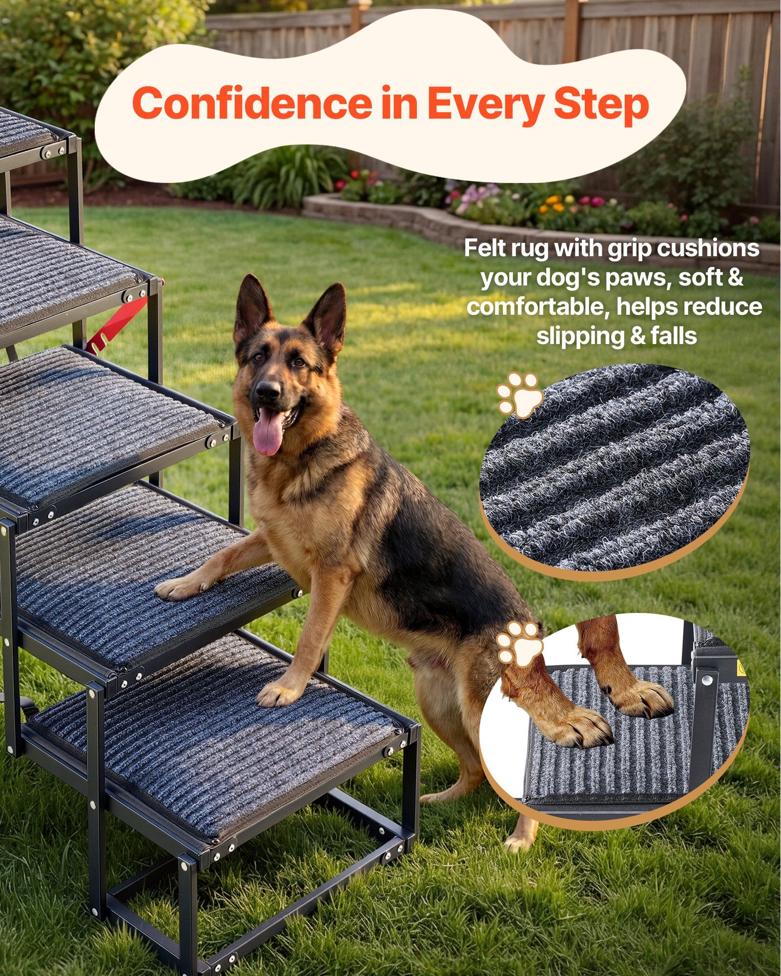 Dog Stairs for Car, 5 Steps Extra Wide Foldable Dog Ramp for Large Dogs with Non-Slip Rug Surface, Portable Lightweight Pet Ladder for Car, SUV, Truck, High Beds, Sofas, Support up to 91 kg - Image 4
