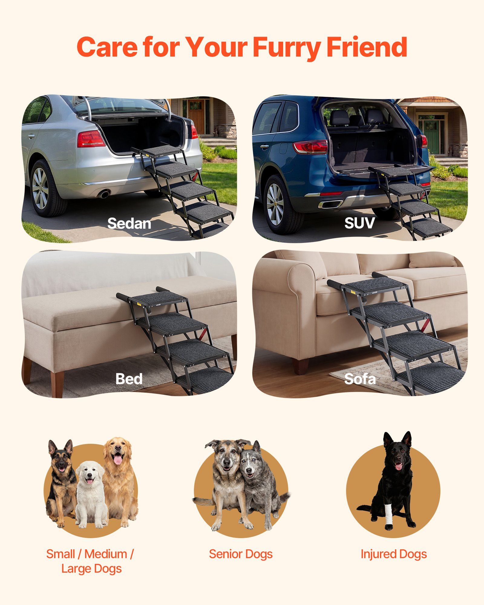 Dog Stairs for Car, 5 Steps Extra Wide Foldable Dog Ramp for Large Dogs with Non-Slip Rug Surface, Portable Lightweight Pet Ladder for Car, SUV, Truck, High Beds, Sofas, Support up to 91 kg - Image 6