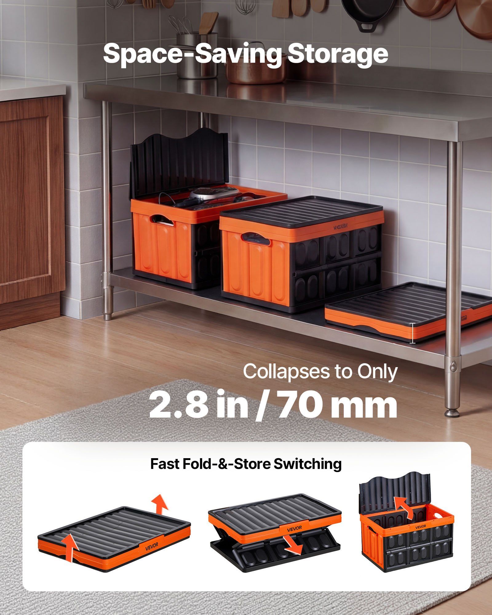 Plastic Collapsible Storage Bins with Lids, 45L 3Packs, Stackable Folding Storage Crates with Handles, Holds 20 kg Per Bin, Heavy Duty Containers, Space-Saving Baskets, for Home Organizing - Image 4