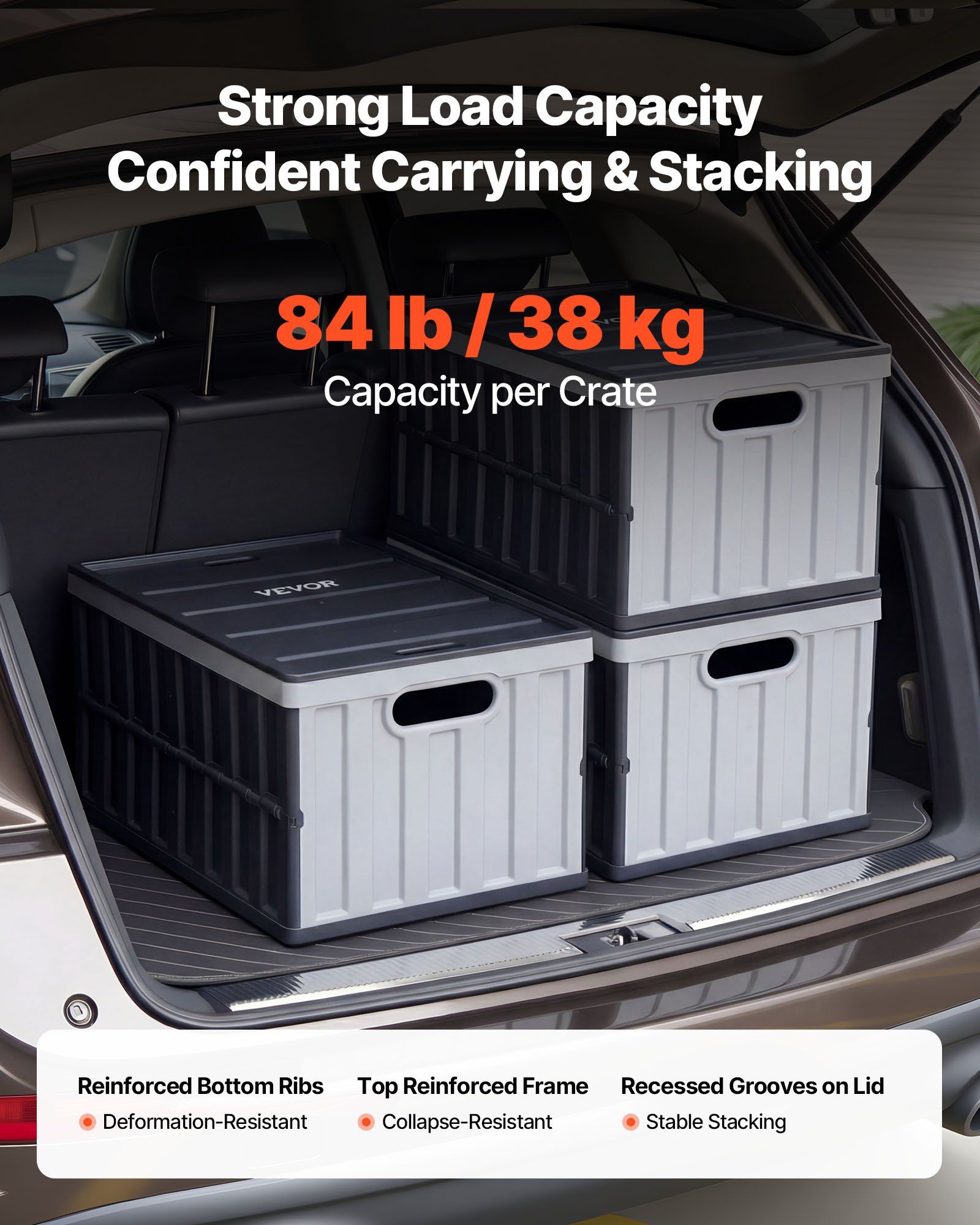 Plastic Collapsible Storage Bins with Lids, 65L 3 Packs, Stackable Folding Storage Crates with Handles, Holds 38 kg Per Bin, Heavy Duty Containers, Space-Saving Baskets, for Home Organizing - Image 3