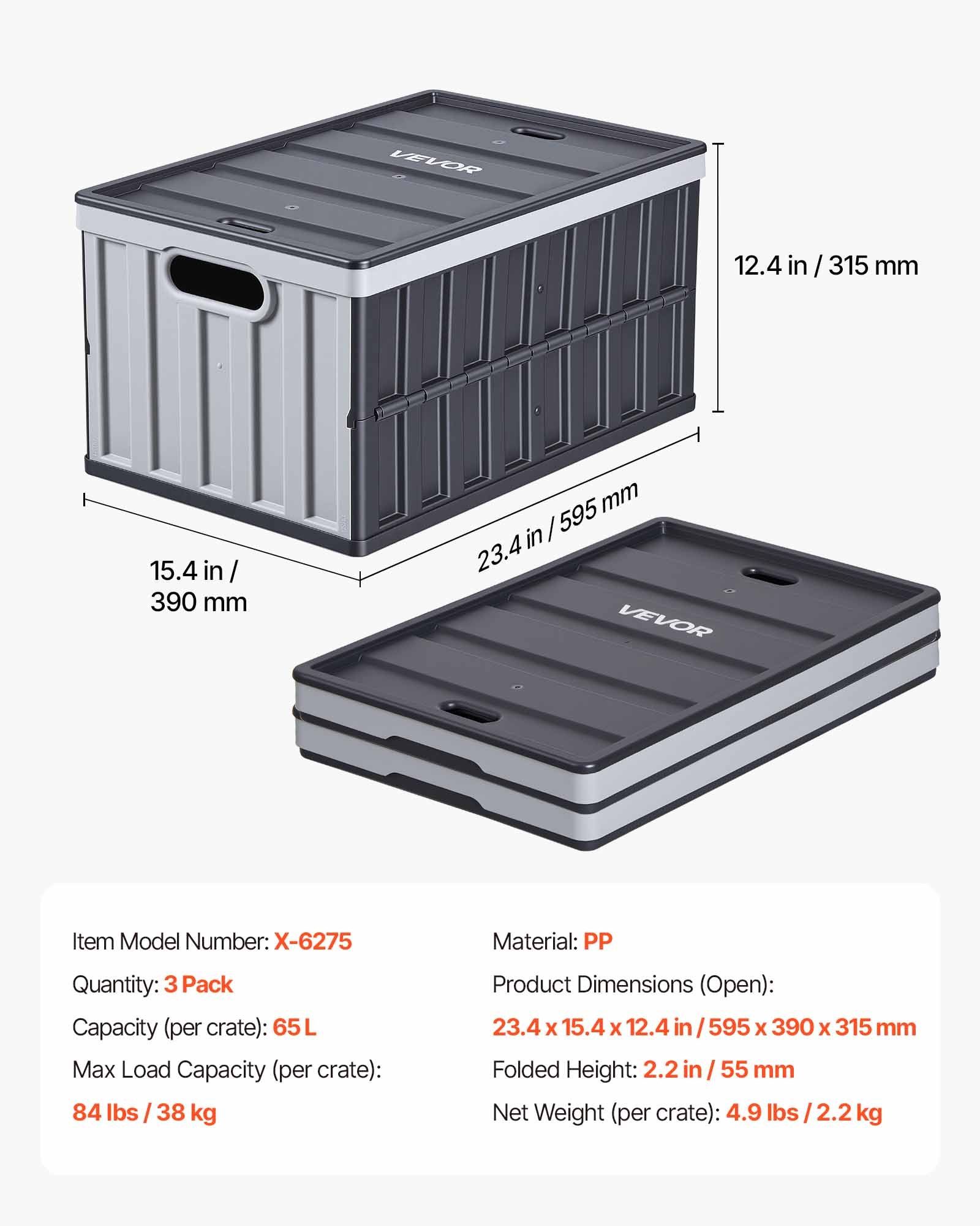 Plastic Collapsible Storage Bins with Lids, 65L 3 Packs, Stackable Folding Storage Crates with Handles, Holds 38 kg Per Bin, Heavy Duty Containers, Space-Saving Baskets, for Home Organizing - Image 7