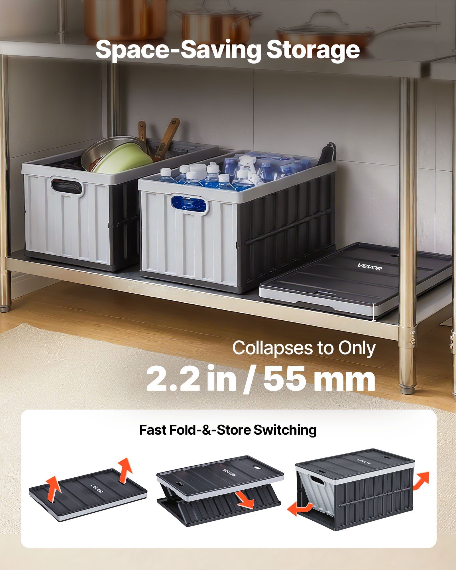 Plastic Collapsible Storage Bins with Lids, 65L 2 Packs, Stackable Folding Storage Crates with Handles, Holds 38 kg Per Bin, Heavy Duty Containers, Space-Saving Baskets, for Home Organizing - Image 4
