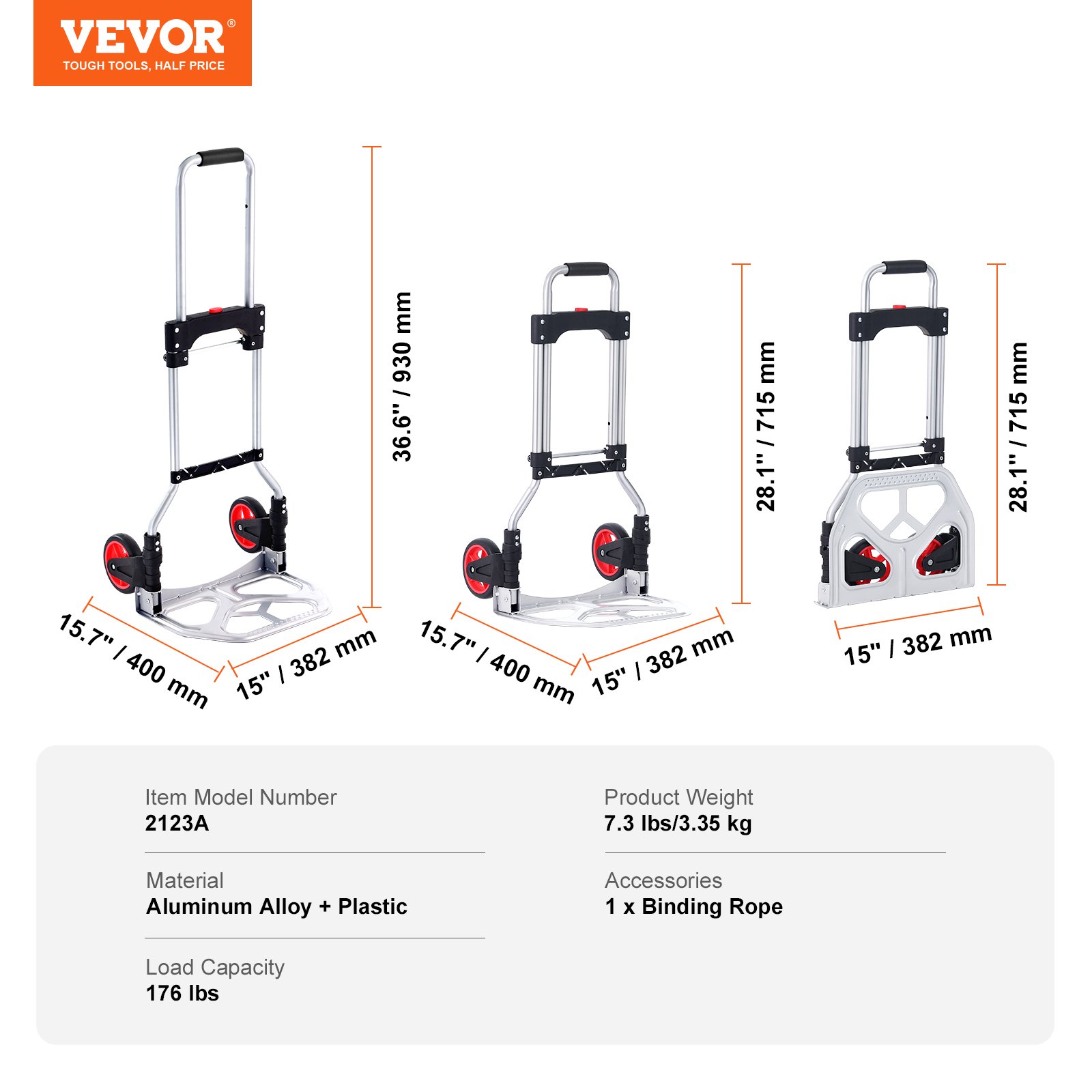 Folding Hand Truck, 80 kg Load Capacity, Aluminum Portable Cart, Convertible Hand Truck and Dolly with Telescoping Handle and Rubber Wheels, Ultra Lightweight Super Strong for Moving Warehouse - Image 7