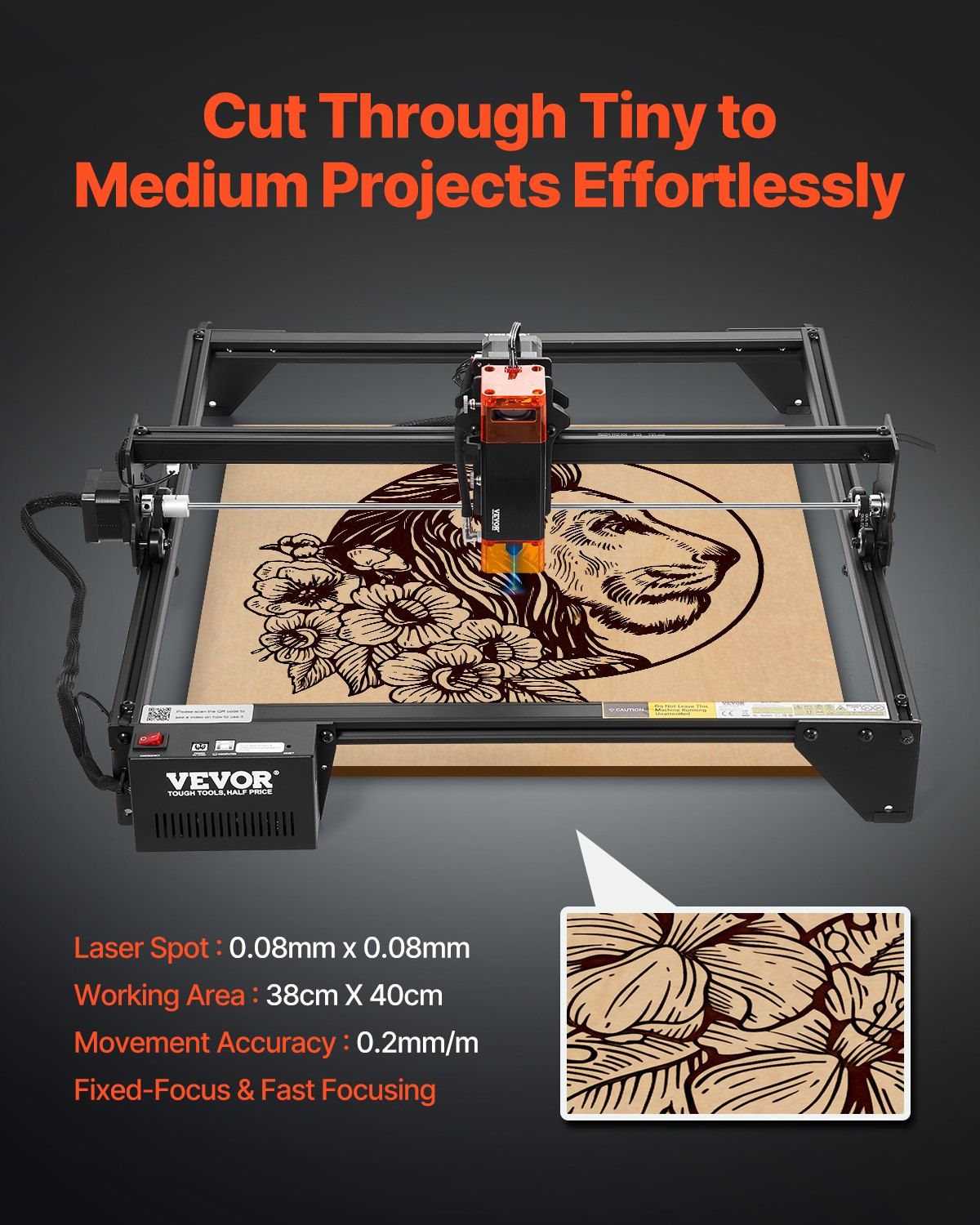 Laser Engraver, 10W Output, Laser Engraving Cutter Machine, 14.9 x 15.7 in/38 x 40 cm Working Area, 10000 mm/min Movement Speed, Compressed Spot with Eye Protection, for Wood, Certain Metal - Image 3