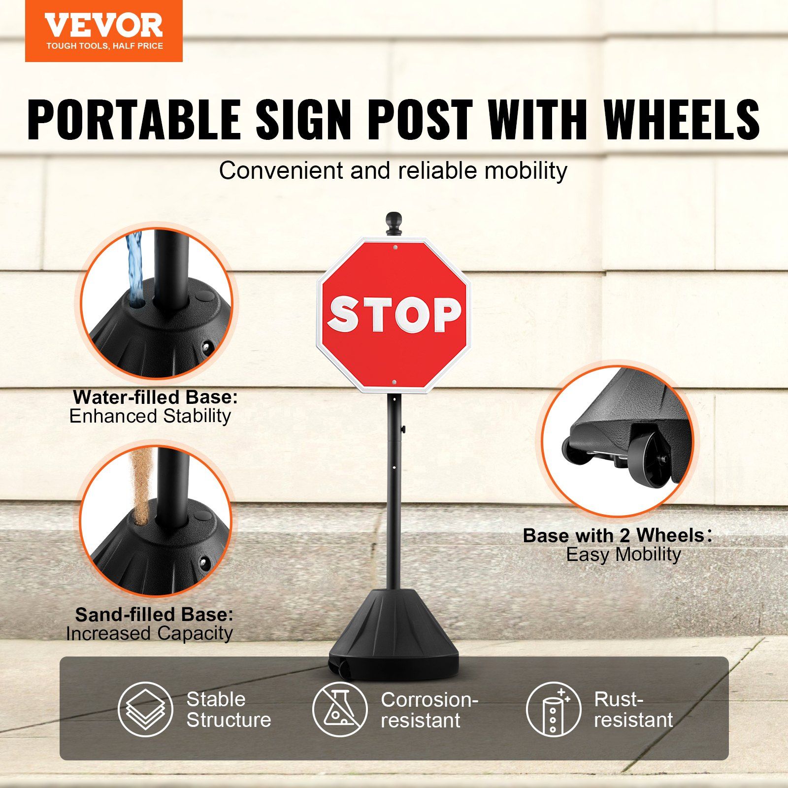 Portable Sign Post, 5 ft Cast Iron Sign Post Holder with Hard Plastic Base & Wheels,  Movable Parking Sign Stand for No Parking Street Signs, Handicap Parking Sign,  with Base, Bolts Nuts, Black - Image 2