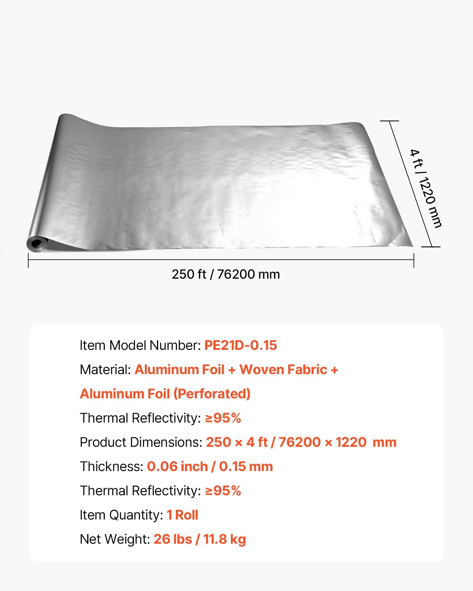 Double Reflective Insulation Roll, Perforated Woven Fabric Radiant Barrier, 0.15mm 76.2m x 1.22m, Double-Sided Aluminum Foil Heat Reflective Shield, Thermal Insulation Roll for Window RV Roof - Image 7