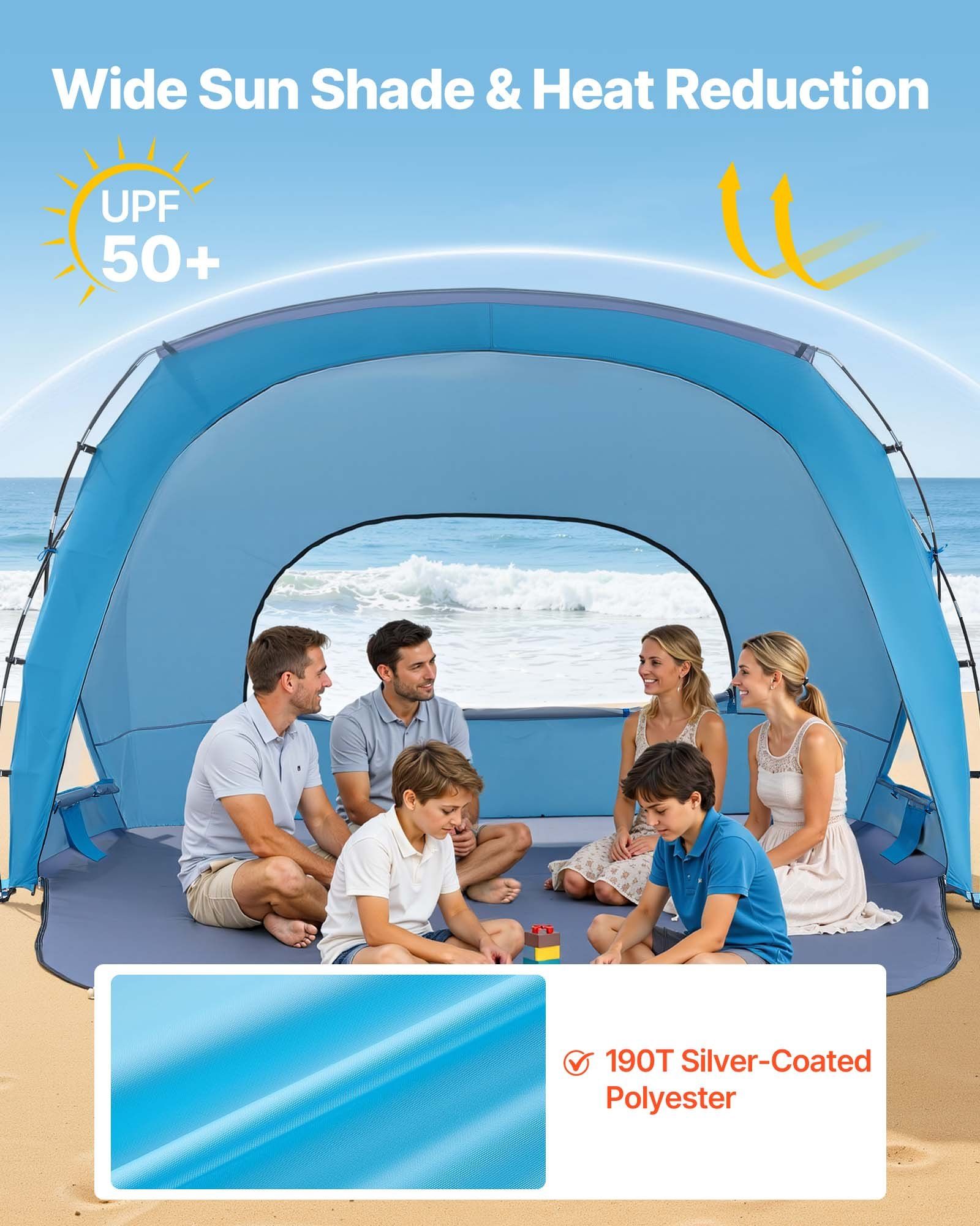Beach Tent Sun Shelter for 6 Person, UPF 50+ Protection, Portable Sun Shade Canopy with Carrying Bag & Sand Pockets, Lightweight and Easy Setup Beach Umbrella for Family Camping Outdoor Picnic - Image 2