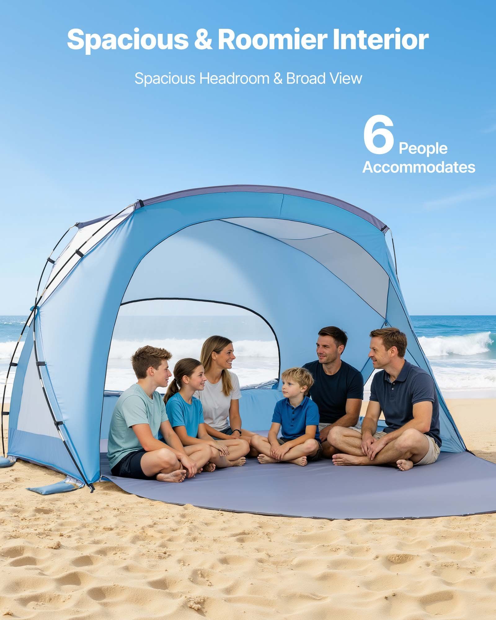 Beach Tent Sun Shelter for 6 Person, UPF 50+ Protection, Portable Sun Shade Canopy with Carrying Bag & Sand Pockets, Lightweight and Easy Setup Beach Umbrella for Family Camping Outdoor Picnic - Image 3