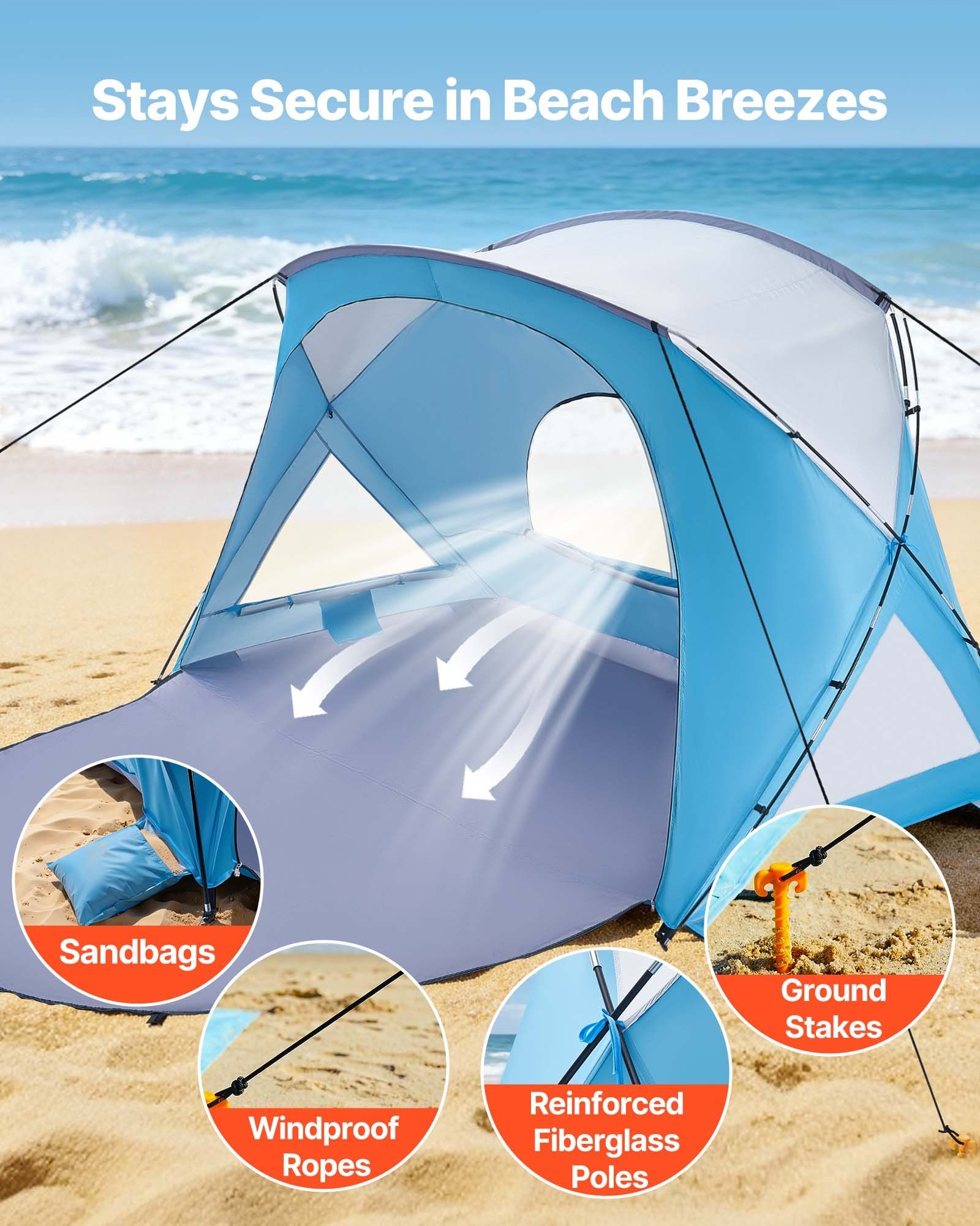 Beach Tent Sun Shelter for 6 Person, UPF 50+ Protection, Portable Sun Shade Canopy with Carrying Bag & Sand Pockets, Lightweight and Easy Setup Beach Umbrella for Family Camping Outdoor Picnic - Image 4