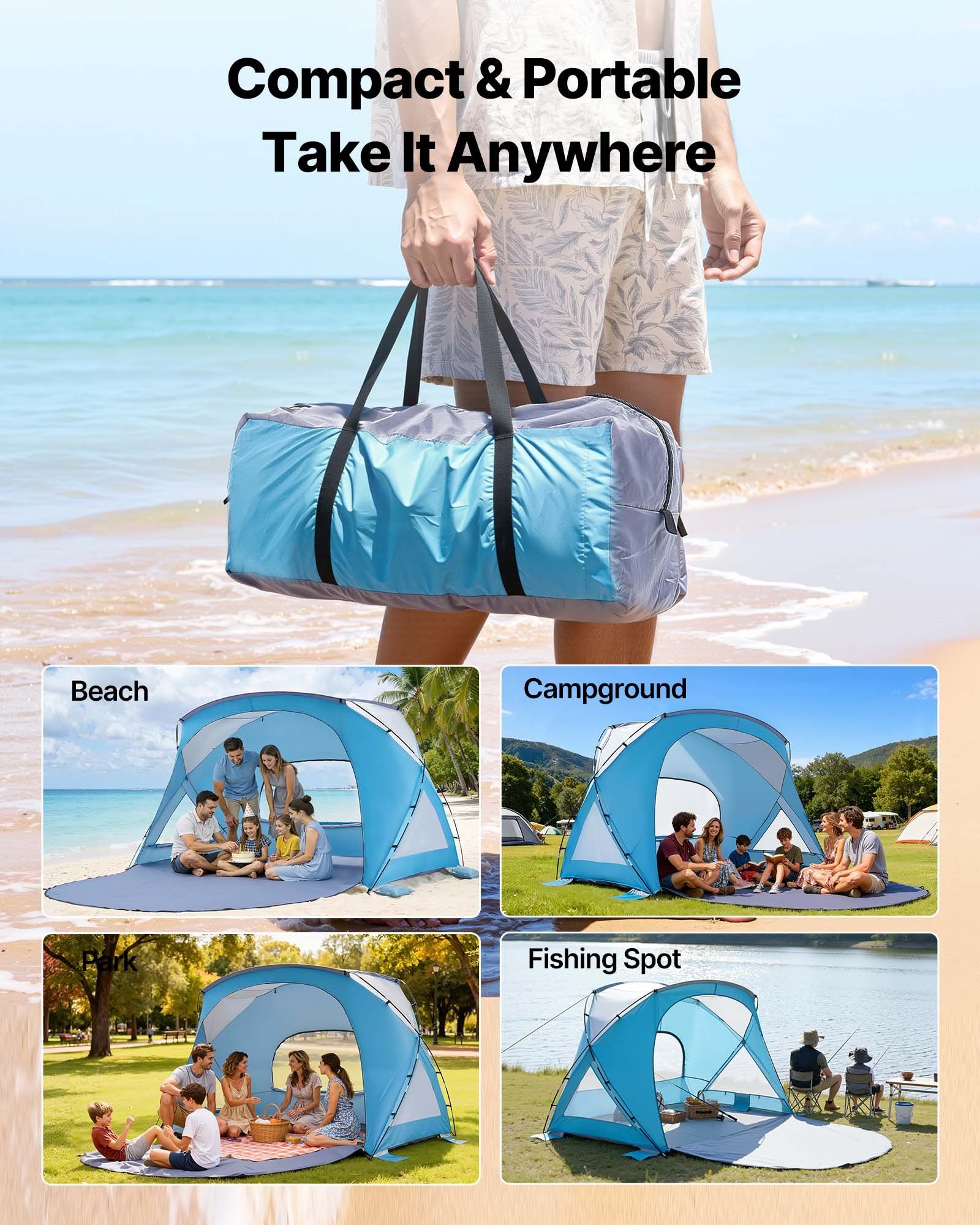 Beach Tent Sun Shelter for 6 Person, UPF 50+ Protection, Portable Sun Shade Canopy with Carrying Bag & Sand Pockets, Lightweight and Easy Setup Beach Umbrella for Family Camping Outdoor Picnic - Image 6