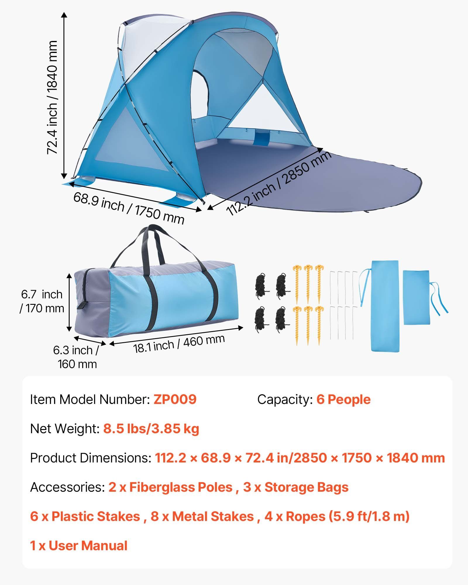 Beach Tent Sun Shelter for 6 Person, UPF 50+ Protection, Portable Sun Shade Canopy with Carrying Bag & Sand Pockets, Lightweight and Easy Setup Beach Umbrella for Family Camping Outdoor Picnic - Image 7