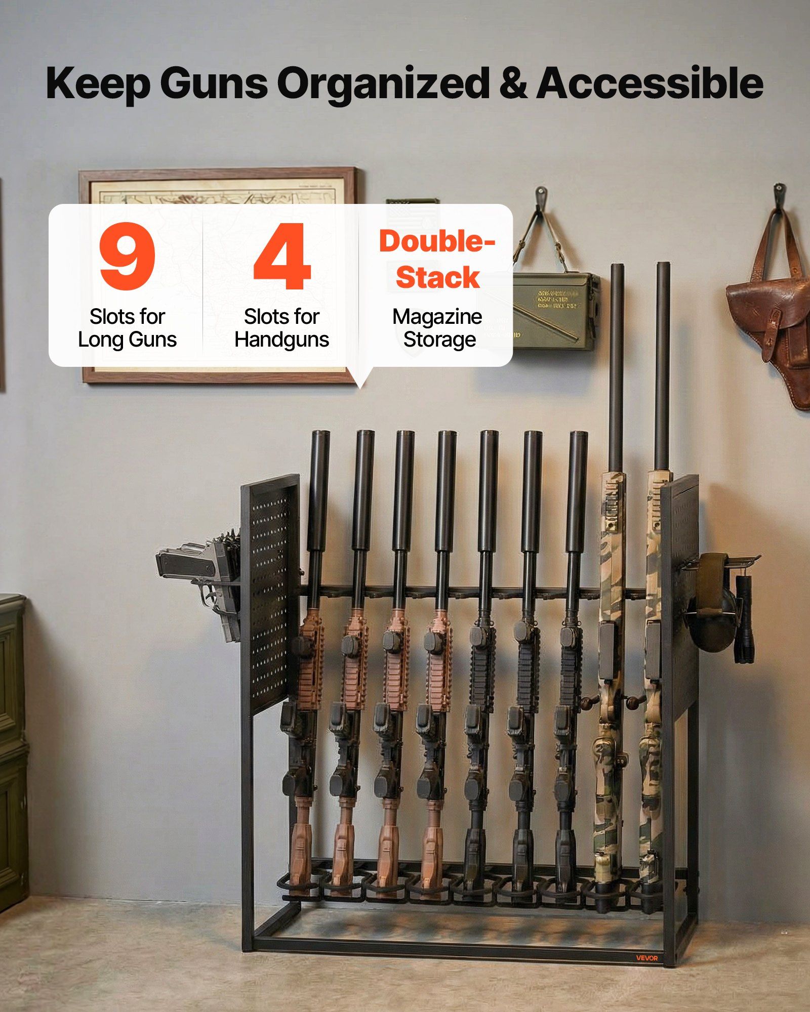 Gun Rack, Floor Standing, Indoor Heavy Duty Steel Rifle Shotgun Rack Stand, Freestanding Gun Display Storage with Magazine Holder, Holds up to 9 Rifles and 4 Pistols, for Home Garage Storage - Image 2