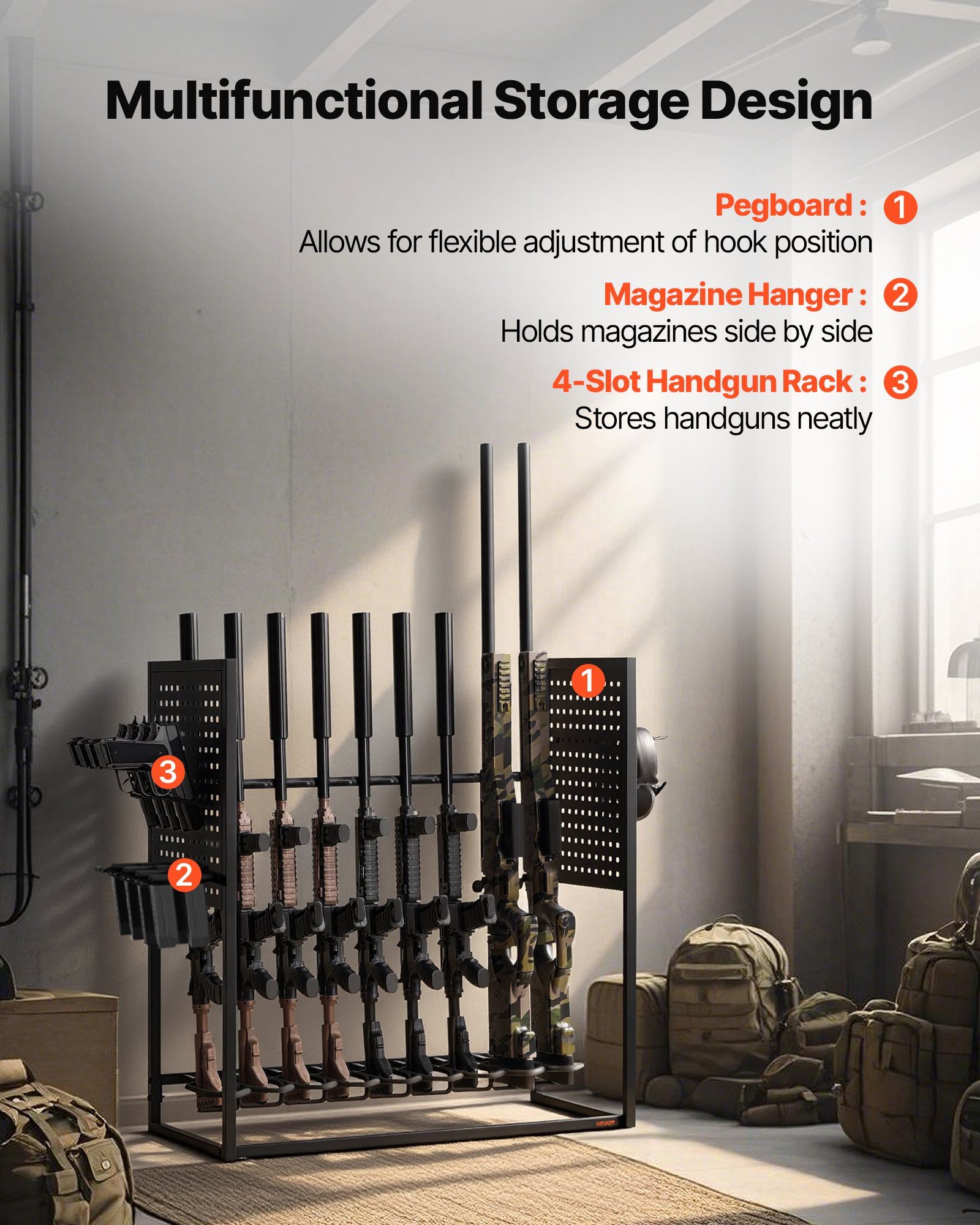 Gun Rack, Floor Standing, Indoor Heavy Duty Steel Rifle Shotgun Rack Stand, Freestanding Gun Display Storage with Magazine Holder, Holds up to 9 Rifles and 4 Pistols, for Home Garage Storage - Image 3
