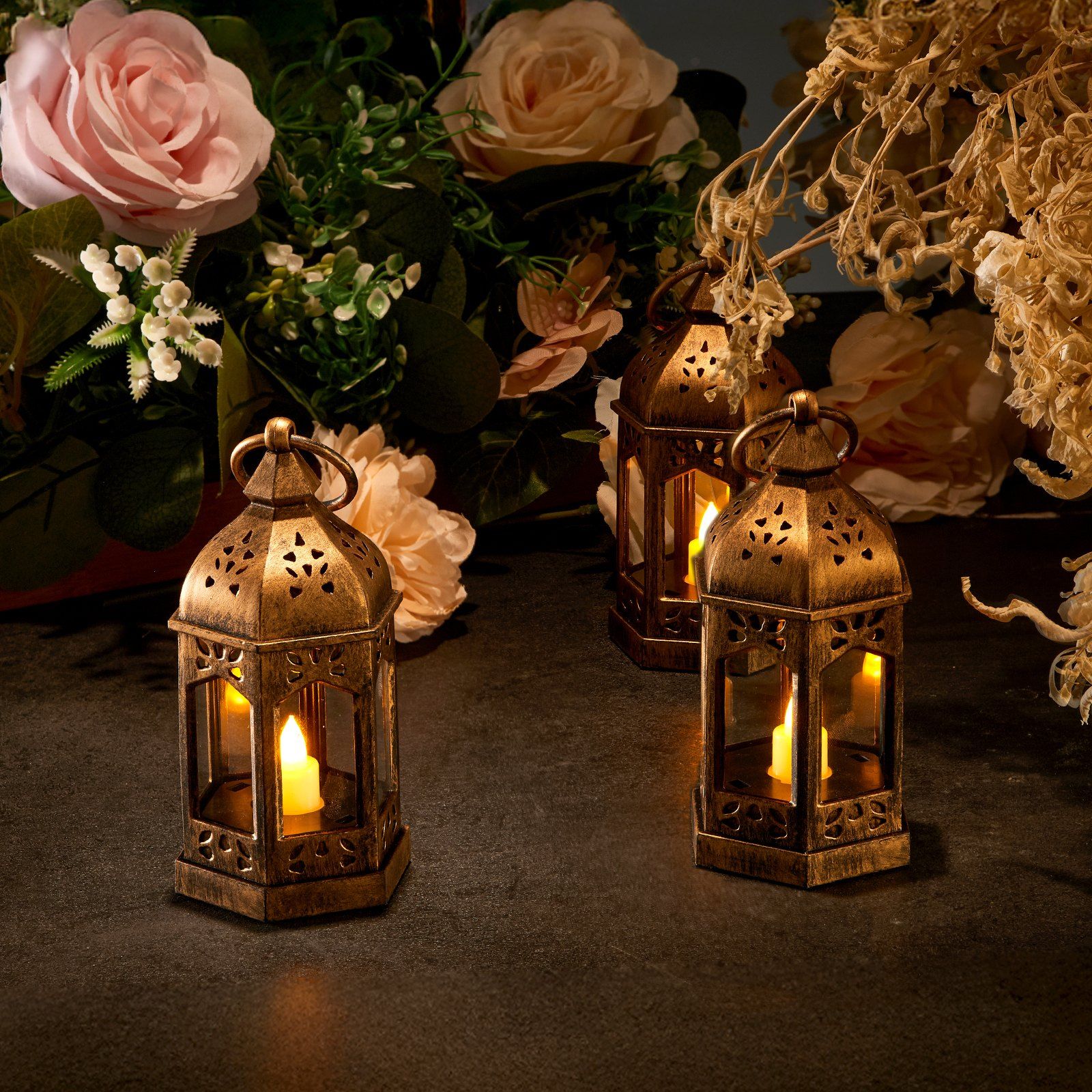 12 Pcs Decorative Candle Lantern, LED Electric Flameless Candle, Plastic LED Holder with Glass, Wall Hanging Indoor Porch Lanterns for Wedding Table Party Farmhouse Indoor Decor, Bronze - Image 8