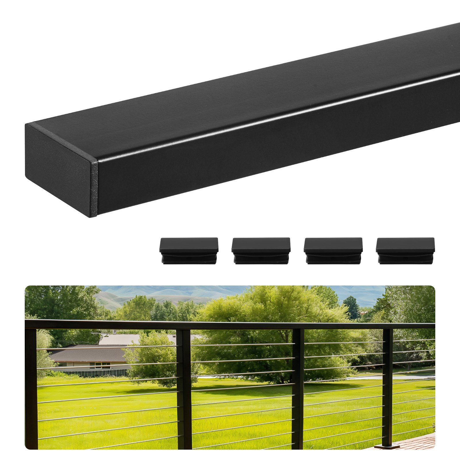 198 cm Stainless Steel Handrail, Rectangular Top Stair Deck Hand Rail for Outdoor/Indoor Steps with End Cap,Matte Black Coating Adjustable Metal Stair Rail for Cable Railing Kit - Image 1