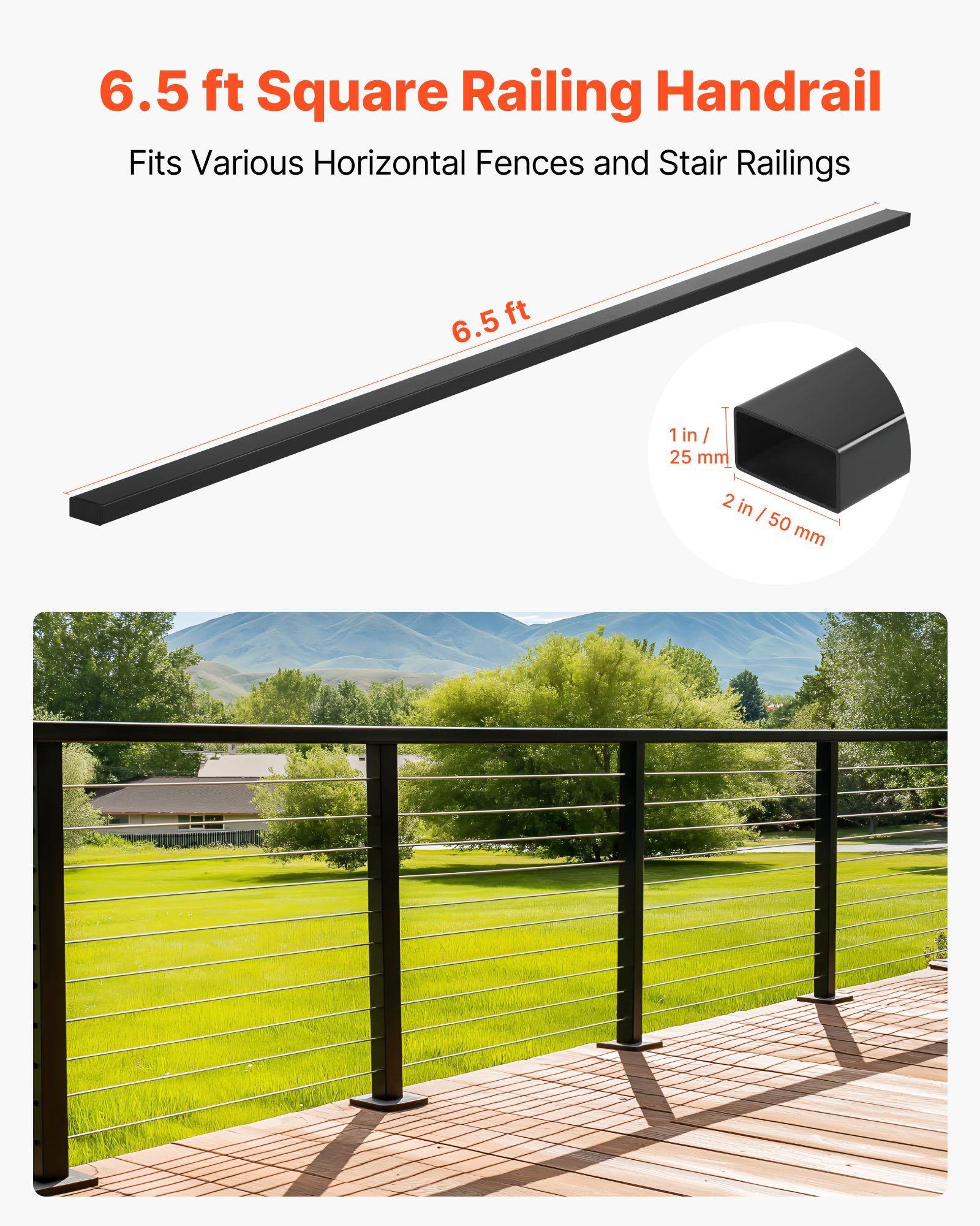 198 cm Stainless Steel Handrail, Rectangular Top Stair Deck Hand Rail for Outdoor/Indoor Steps with End Cap,Matte Black Coating Adjustable Metal Stair Rail for Cable Railing Kit - Image 2