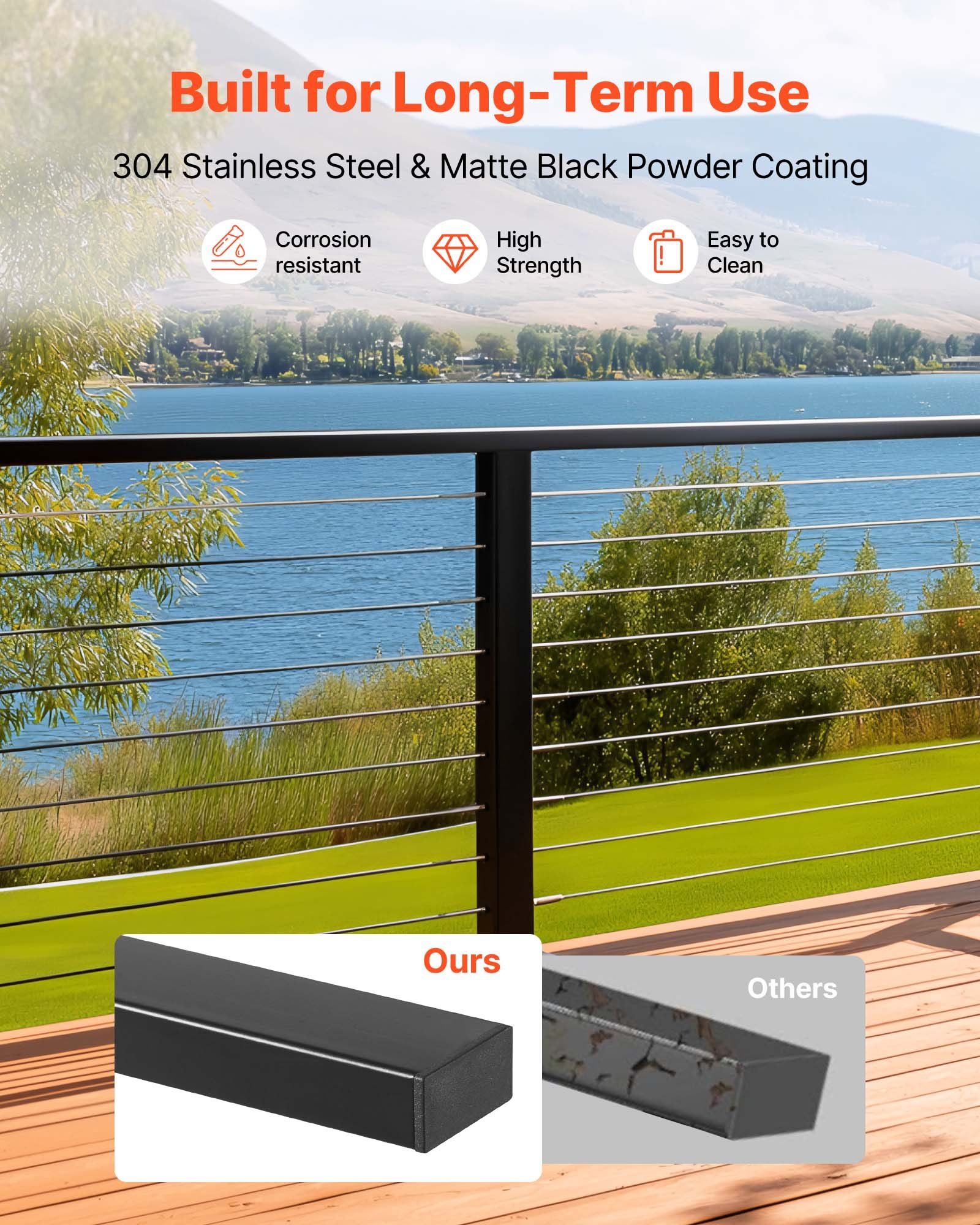 198 cm Stainless Steel Handrail, Rectangular Top Stair Deck Hand Rail for Outdoor/Indoor Steps with End Cap,Matte Black Coating Adjustable Metal Stair Rail for Cable Railing Kit - Image 3