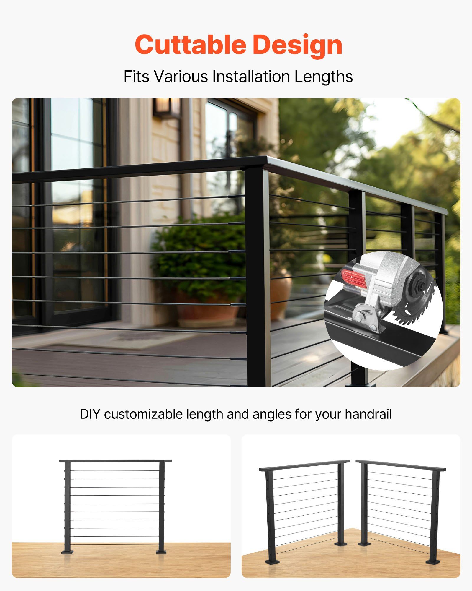 198 cm Stainless Steel Handrail, Rectangular Top Stair Deck Hand Rail for Outdoor/Indoor Steps with End Cap,Matte Black Coating Adjustable Metal Stair Rail for Cable Railing Kit - Image 4