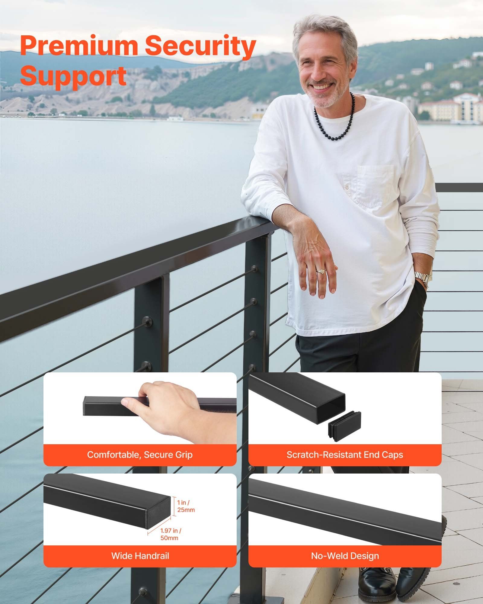 198 cm Stainless Steel Handrail, Rectangular Top Stair Deck Hand Rail for Outdoor/Indoor Steps with End Cap,Matte Black Coating Adjustable Metal Stair Rail for Cable Railing Kit - Image 6