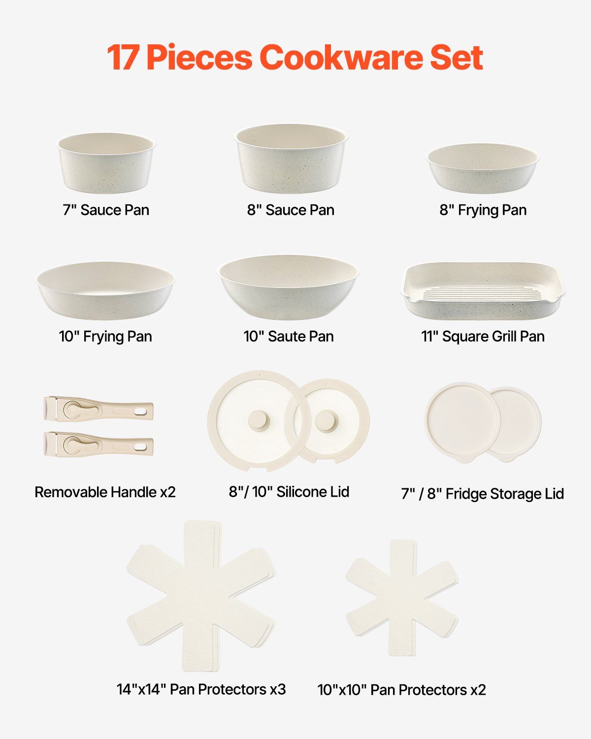 17 Piece Pots and Pans Set Nonstick, Detachable Handle Cookware, Space Saving Induction cookware set, Kitchen RV Cooking Sets, with Frying, Sauce, Saute, Tempered Glass Lids, Oven Safe, White - Image 2