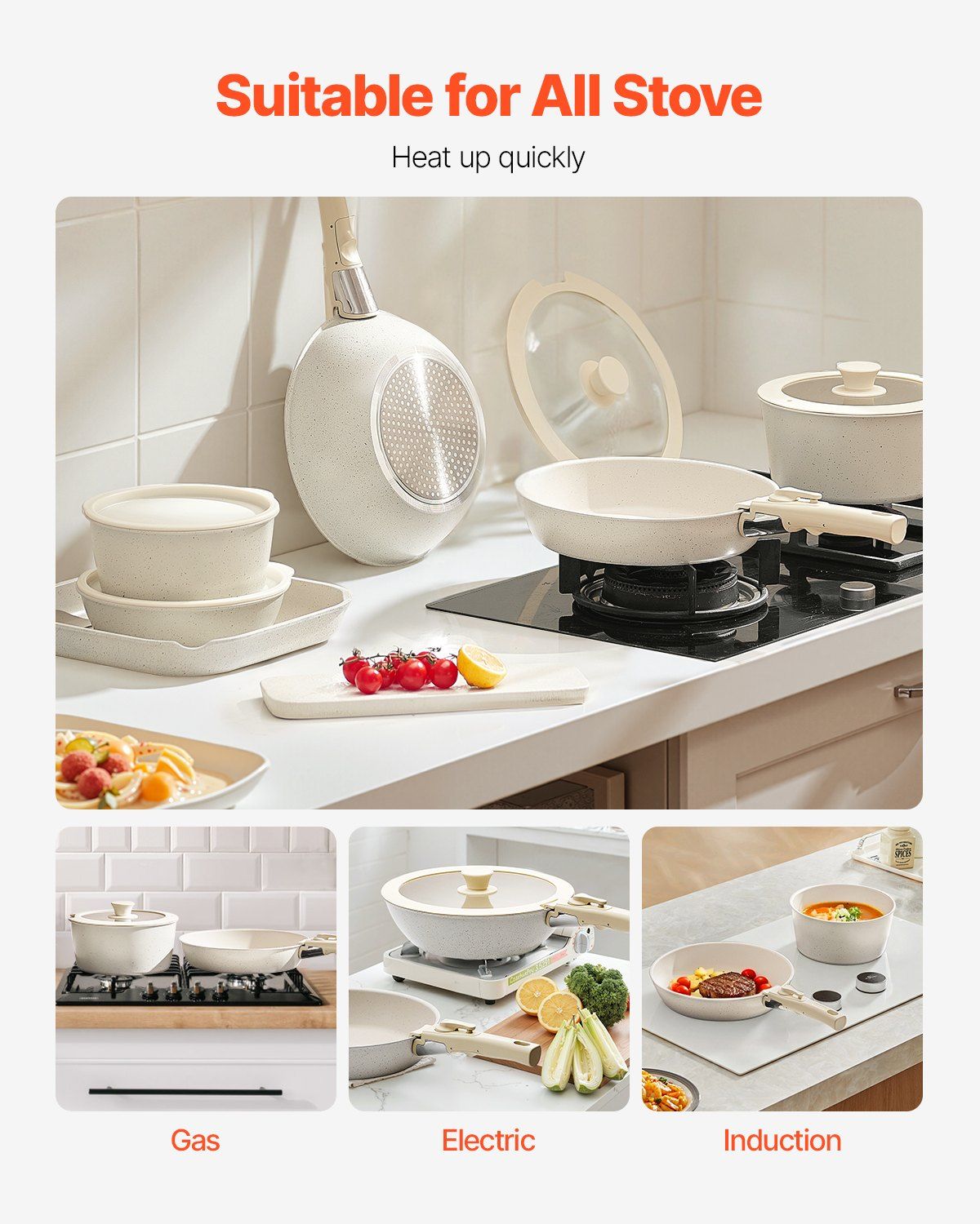 17 Piece Pots and Pans Set Nonstick, Detachable Handle Cookware, Space Saving Induction cookware set, Kitchen RV Cooking Sets, with Frying, Sauce, Saute, Tempered Glass Lids, Oven Safe, White - Image 6