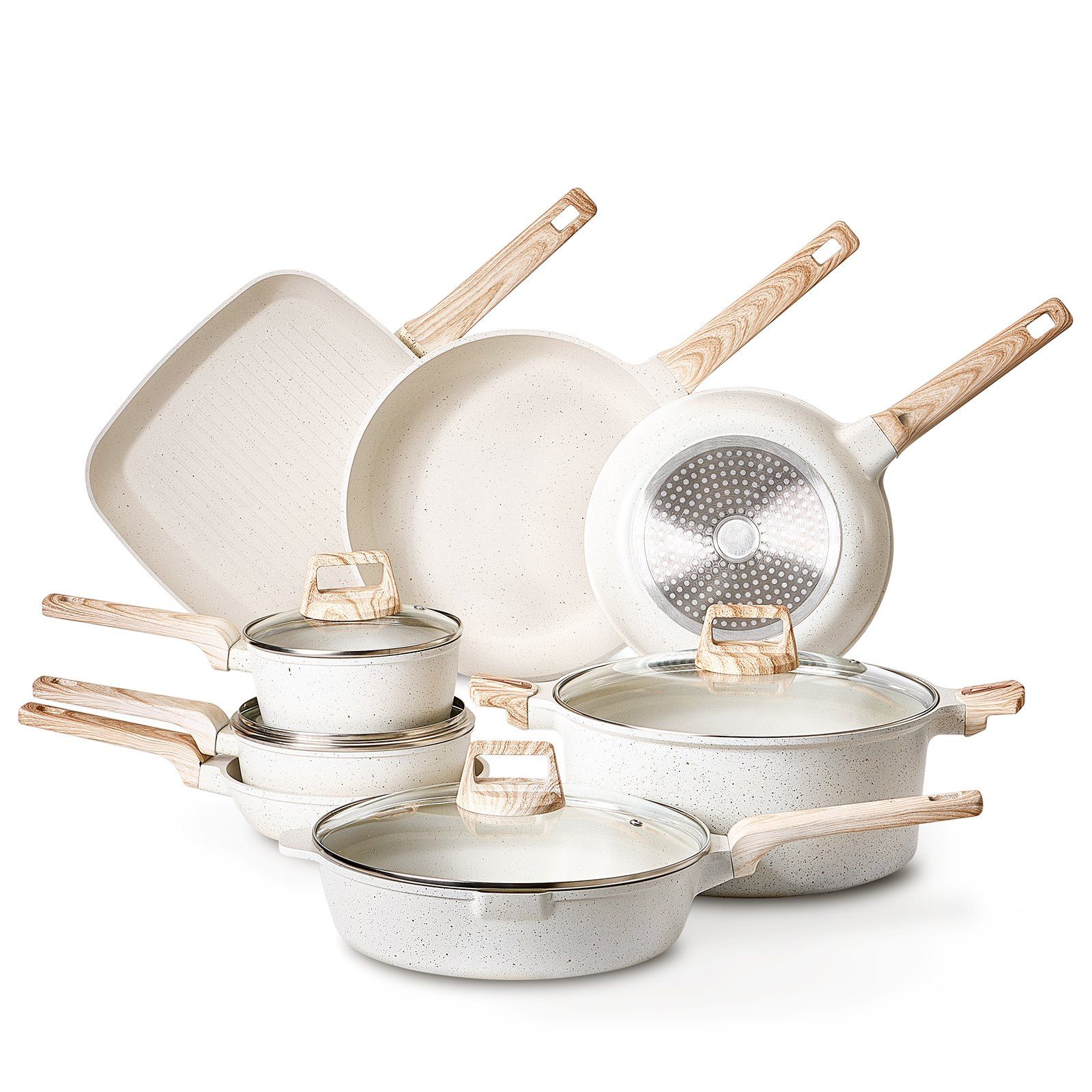 19 Piece Pots and Pans Set Nonstick, Granite Cookware Set, Induction Cookwares, Kitchen RV Cooking Sets with Frying, Sauce, Saute, Tempered Glass Lids, and Pan Protectors, White - Image 1